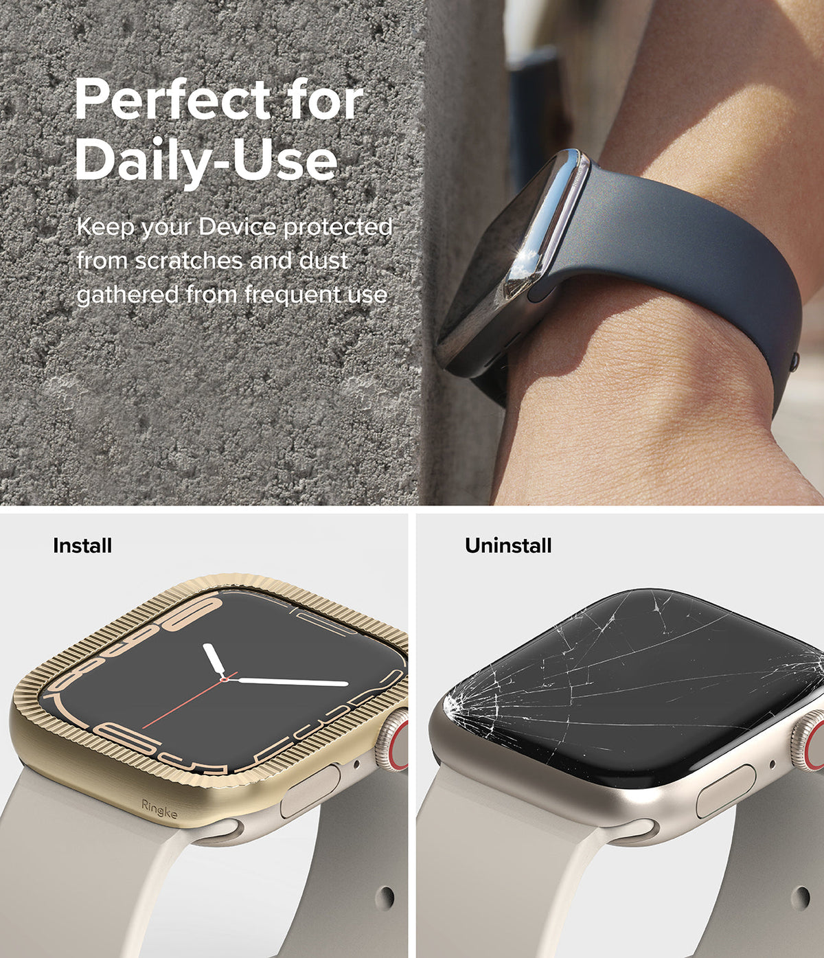 Apple Watch 9 / 8 / 7 (41mm) | Bezel Styling Premium - Gold bezel cover on an Apple Watch showing installation and removal.
