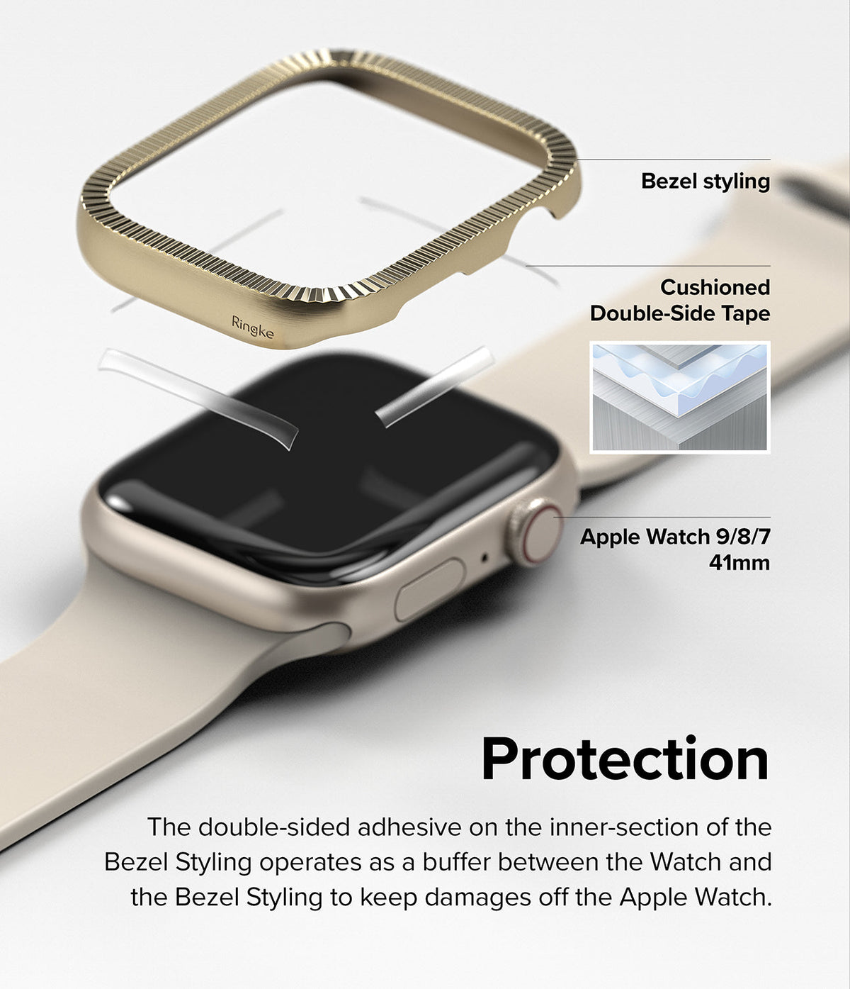 Apple Watch 9 / 8 / 7 (41mm) | Bezel Styling Premium - Gold bezel styling accessory hovering over an Apple Watch.