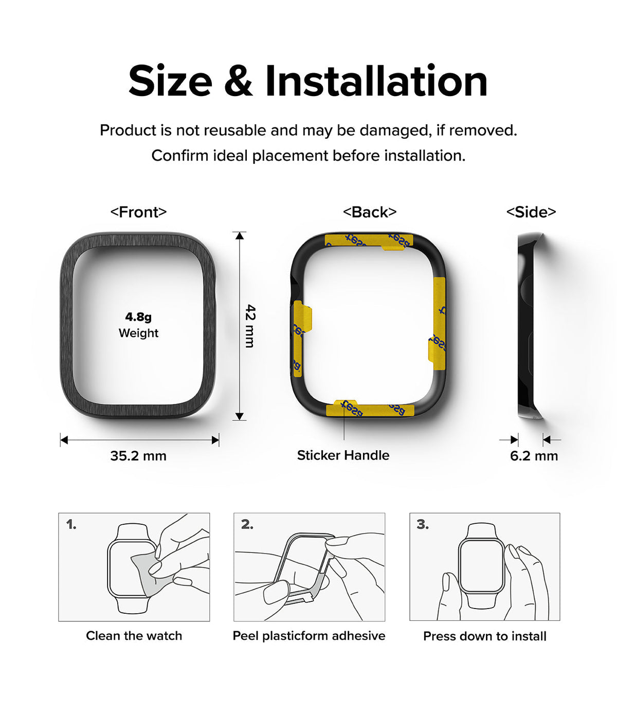 Apple Watch 9 / 8 / 7 (41mm) | Bezel Styling Premium - Dimensions, weight, and three-step installation guide for bezel.