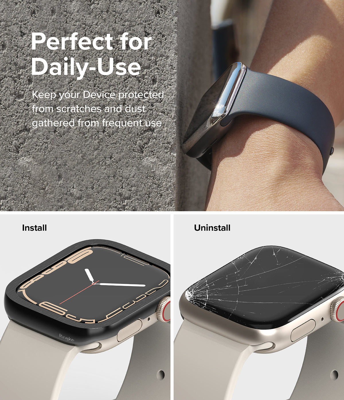 Apple Watch 9 / 8 / 7 (41mm) | Bezel Styling Premium - Apple Watch with protective bezel, showing installation and removal.