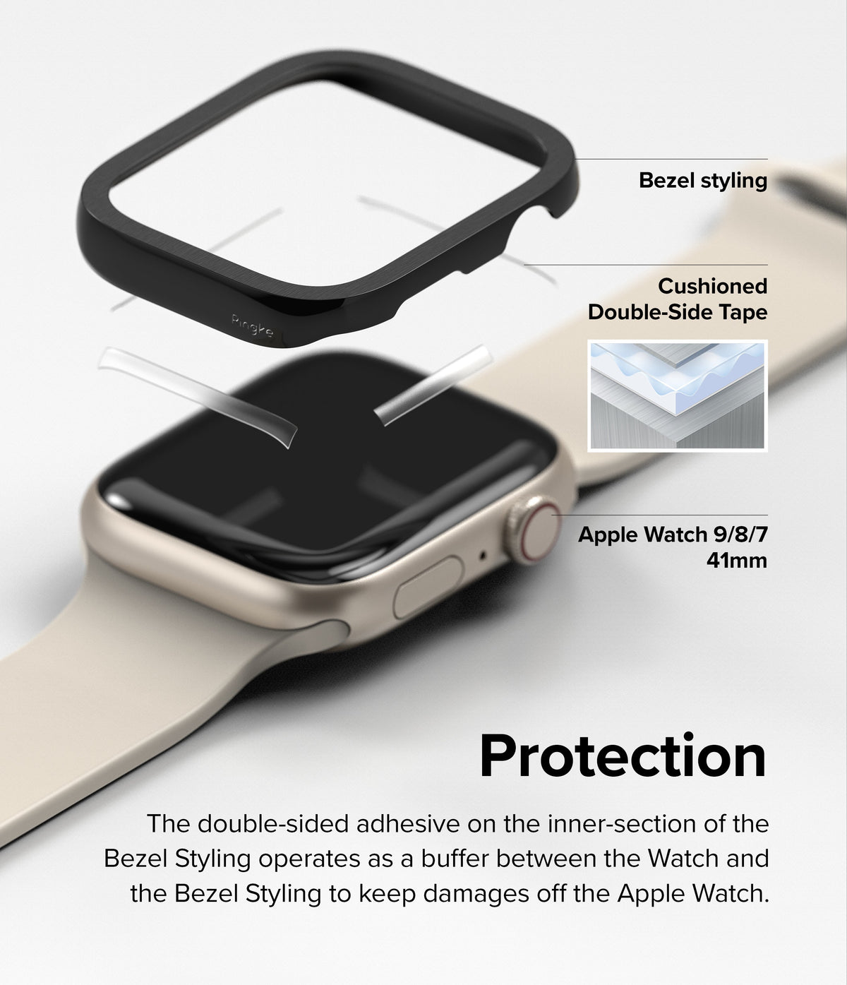 Apple Watch 9 / 8 / 7 (41mm) | Bezel Styling Premium - Exploded view of a black bezel cover, adhesive, and Apple Watch.