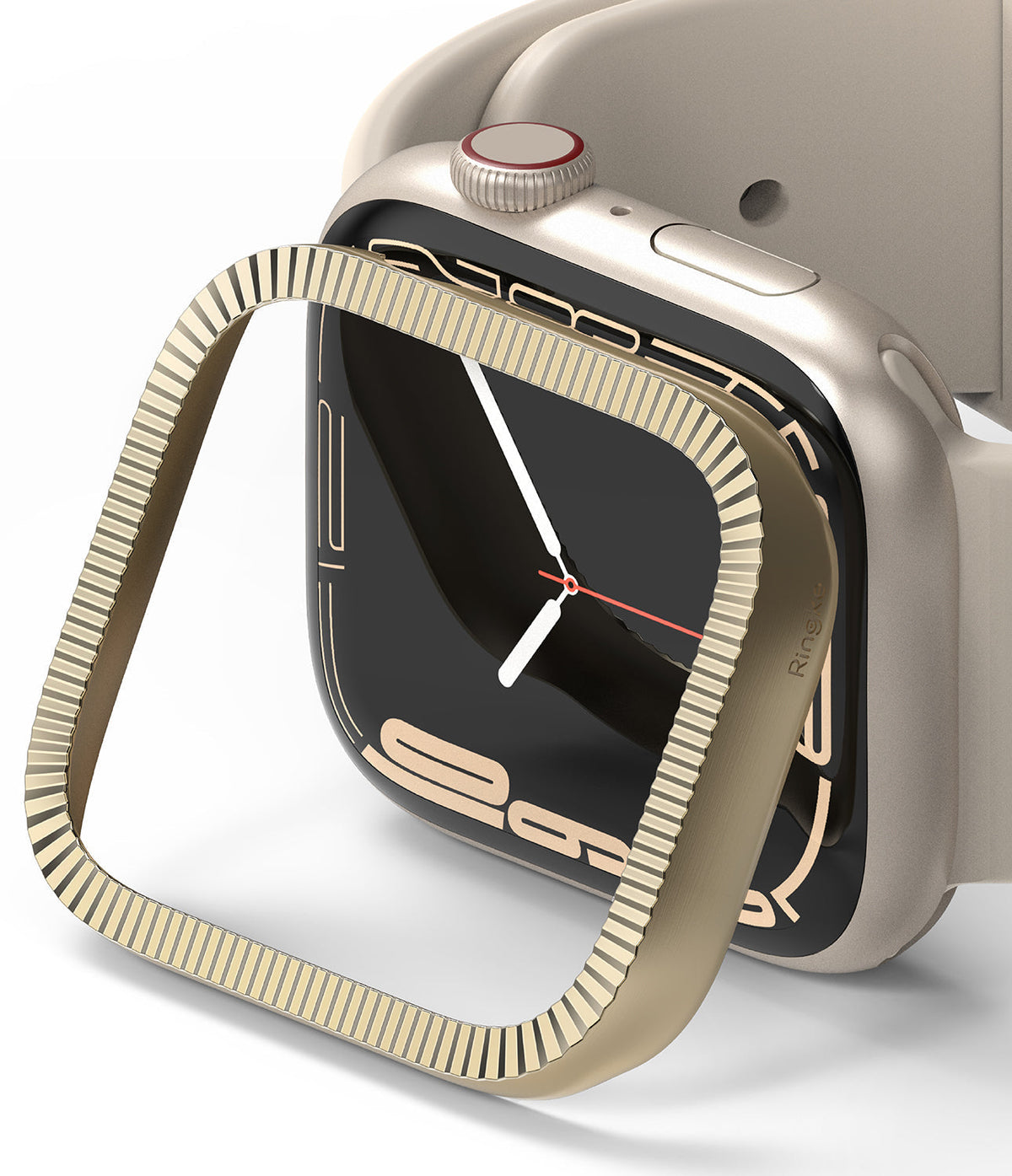 Apple Watch 9 / 8 / 7 (41mm) | Bezel Styling Premium - Gold fluted bezel accessory hovering over a starlight Apple Watch.