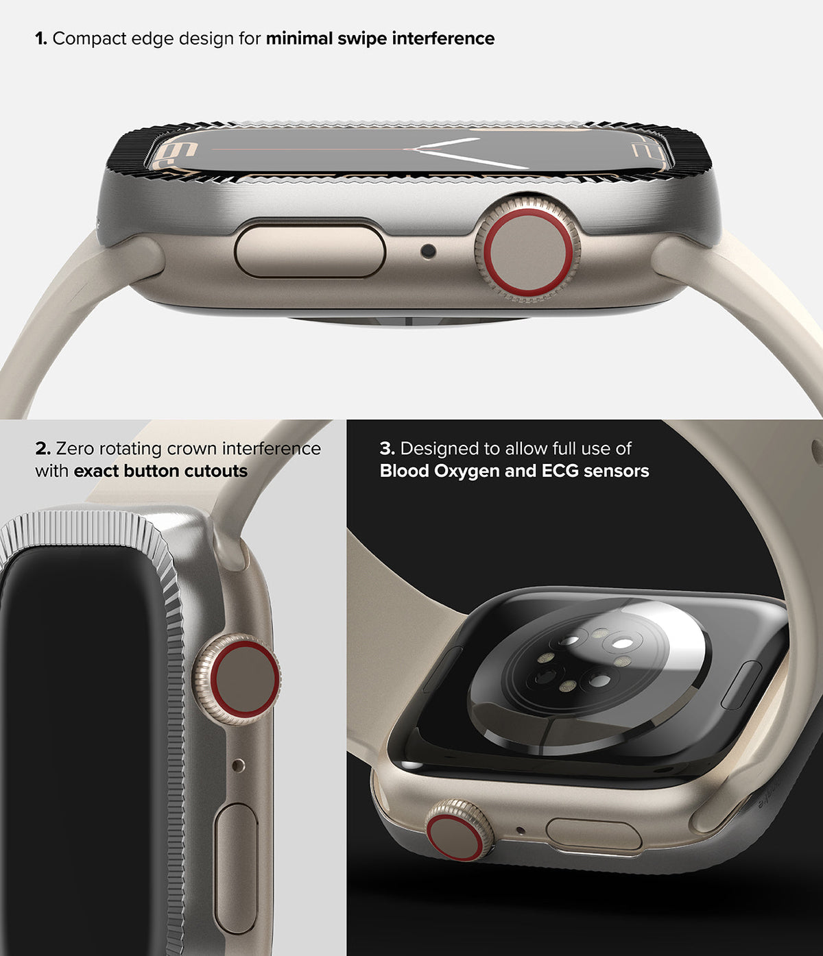 Apple Watch 9 / 8 / 7 (45mm) | Premium Bezel Styling Matte Curve - Three views of a matte bezel cover on an Apple Watch.