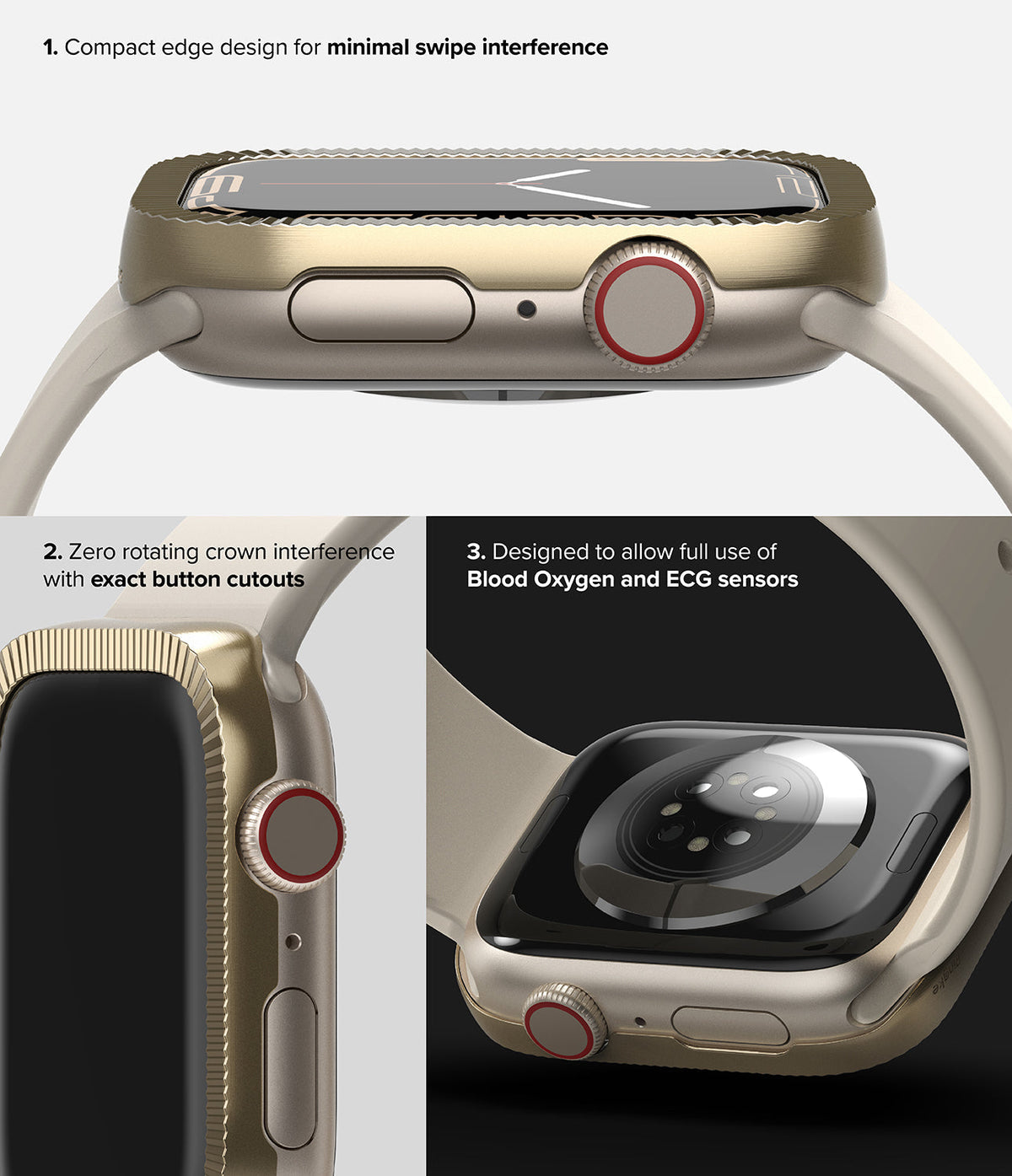 Apple Watch 9 / 8 / 7 (45mm) | Premium Bezel Styling Matte Curve - Gold protective bezel case showing cutouts and sensors.