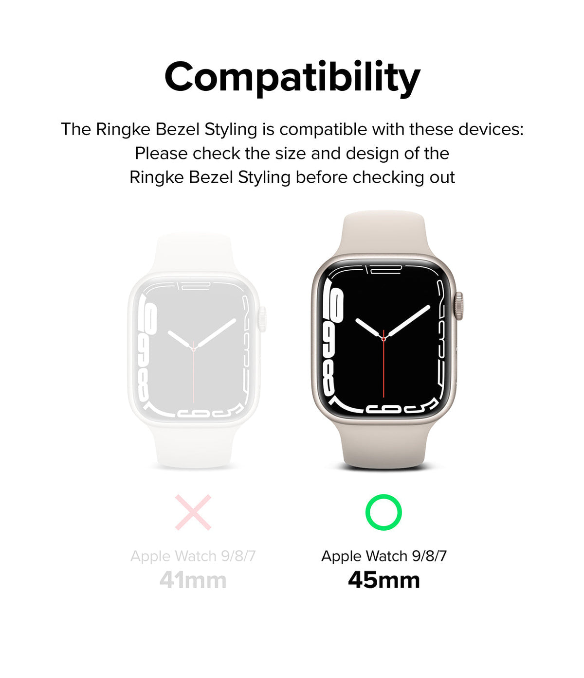 Apple Watch 9 / 8 / 7 (45mm) | Premium Bezel Styling Hairline - Compatibility chart showing 45mm Apple Watch is correct.