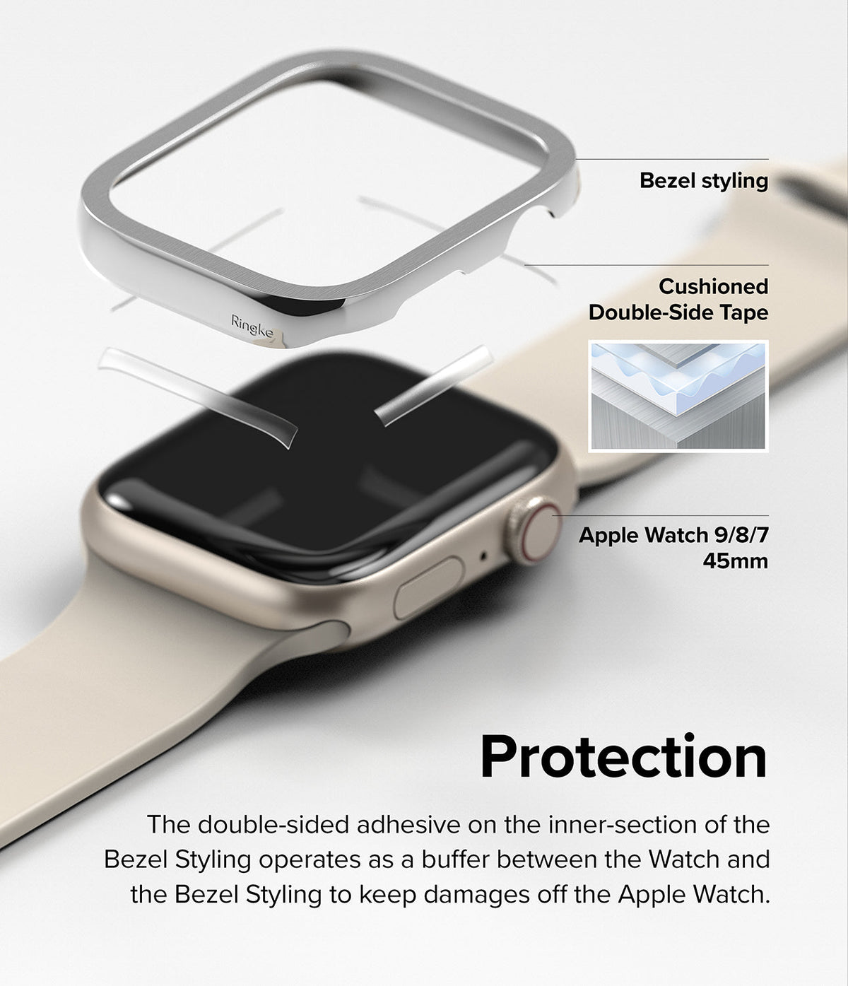Apple Watch 9 / 8 / 7 (45mm) | Premium Bezel Styling Hairline - Apple Watch 9 / 8 / 7 (45mm) | Exploded view of a metallic bezel styling accessory with adhesive tape for an Apple Watch.