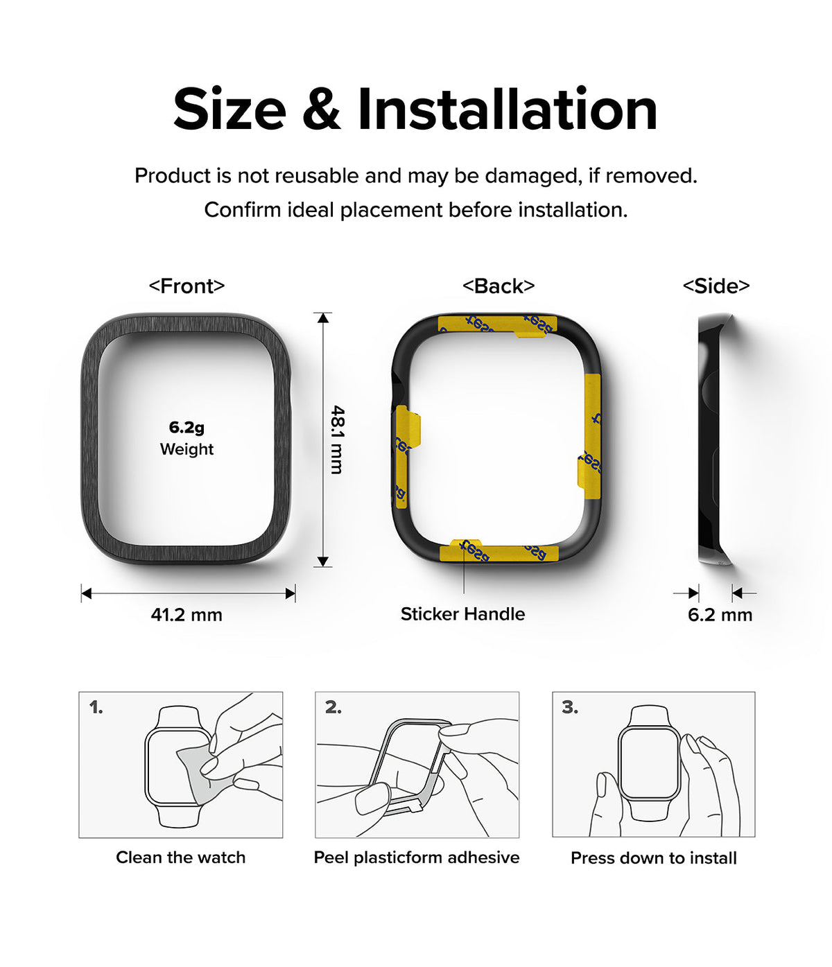 Apple Watch 9 / 8 / 7 (45mm) | Premium Bezel Styling Hairline - Dimensions, adhesive backing, and 3-step installation guide.