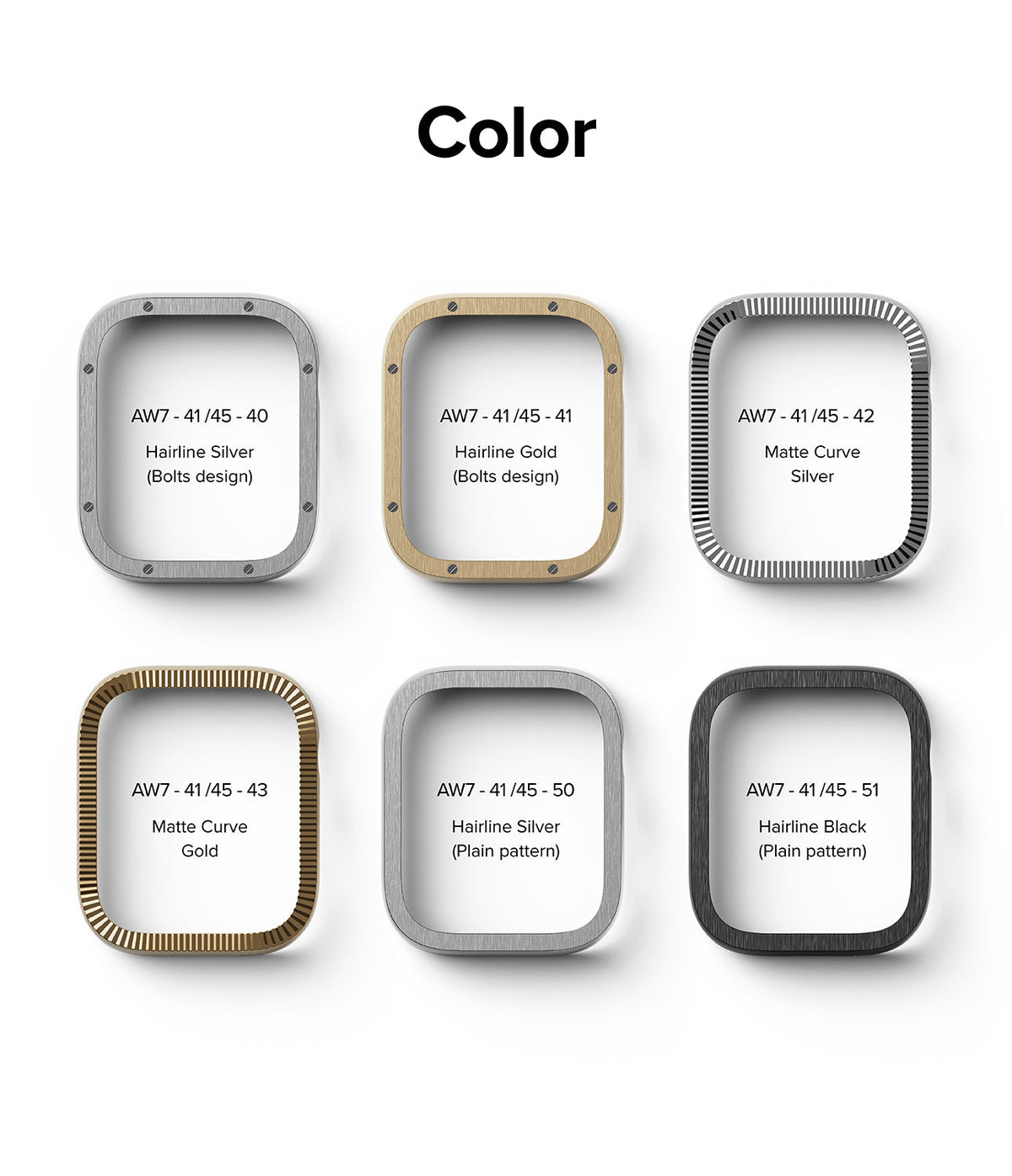 Apple Watch 9 / 8 / 7 (45mm) | Premium Bezel Styling Hairline - Six Apple Watch bezel styles in silver, gold, and black.