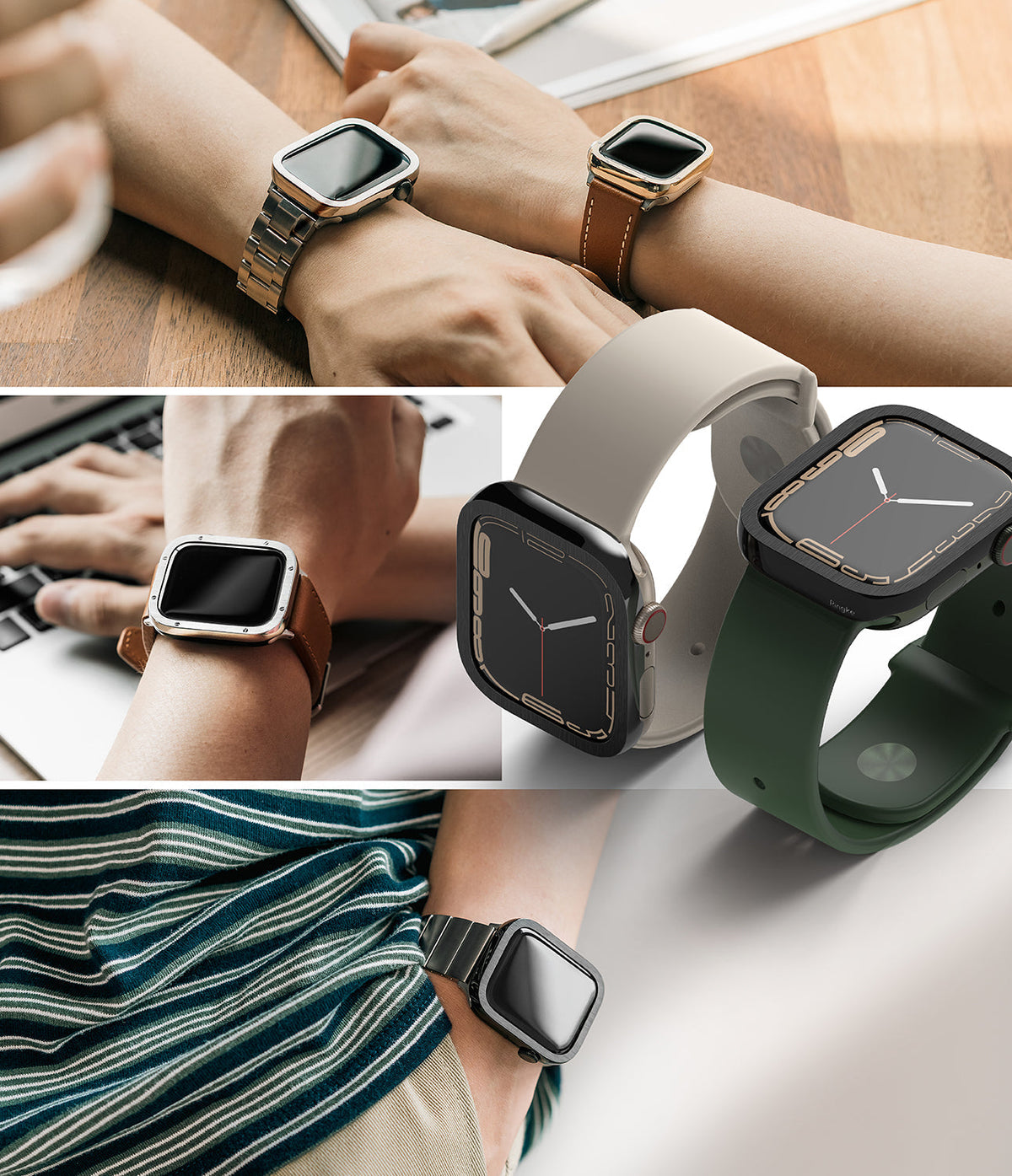 Apple Watch 9 / 8 / 7 (45mm) | Premium Bezel Styling Hairline - Collage of Apple Watches with metallic bezel protectors.