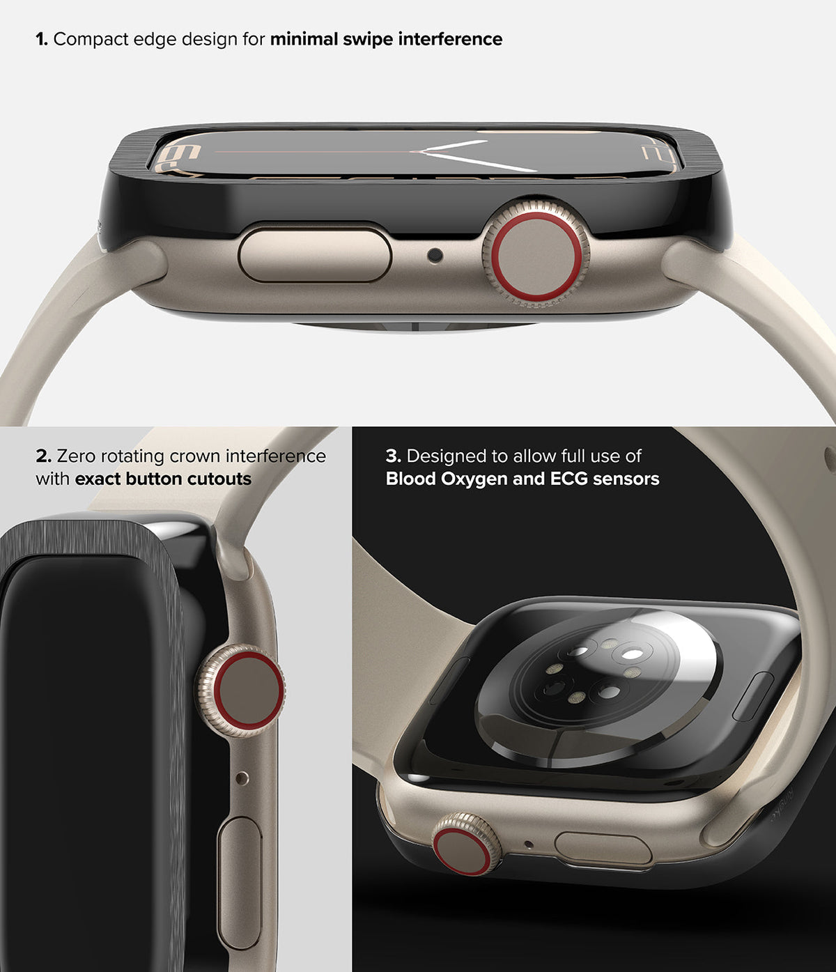 Apple Watch 9 / 8 / 7 (45mm) | Premium Bezel Styling Hairline - Three views of a protective watch bezel with cutouts.
