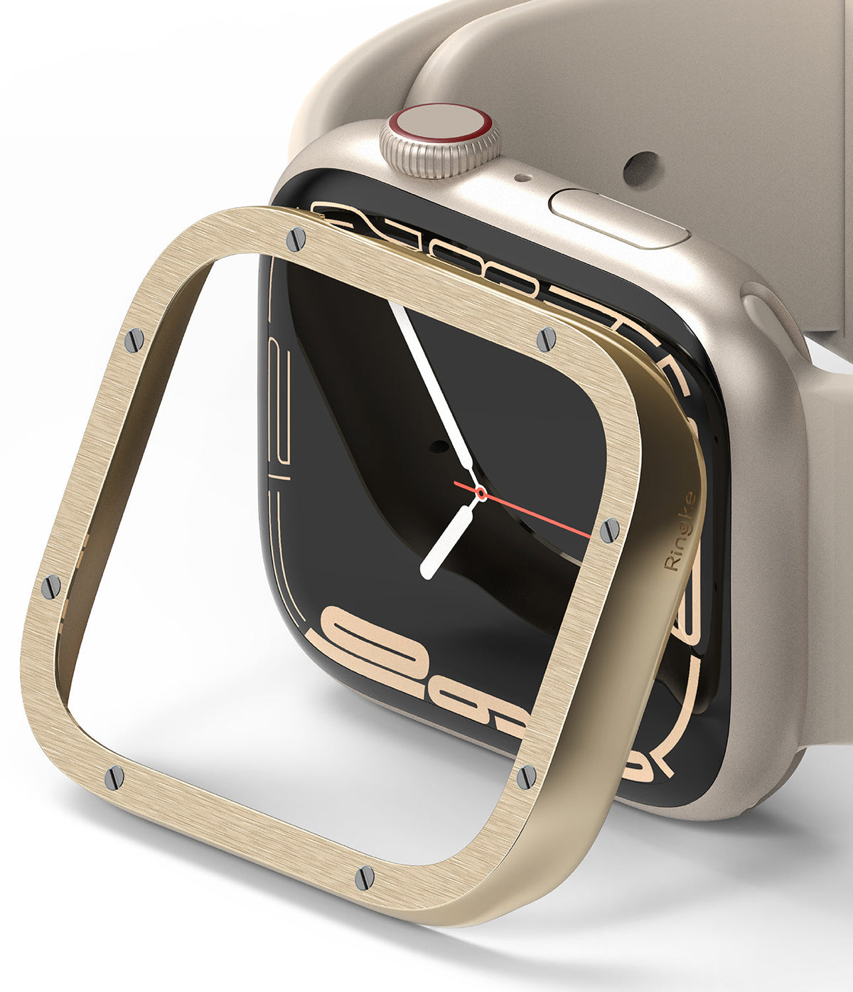 Apple Watch 9 / 8 / 7 (45mm) | Premium Bezel Styling Hairline Bolts Design - Brushed gold metal bezel cover with bolt accents.