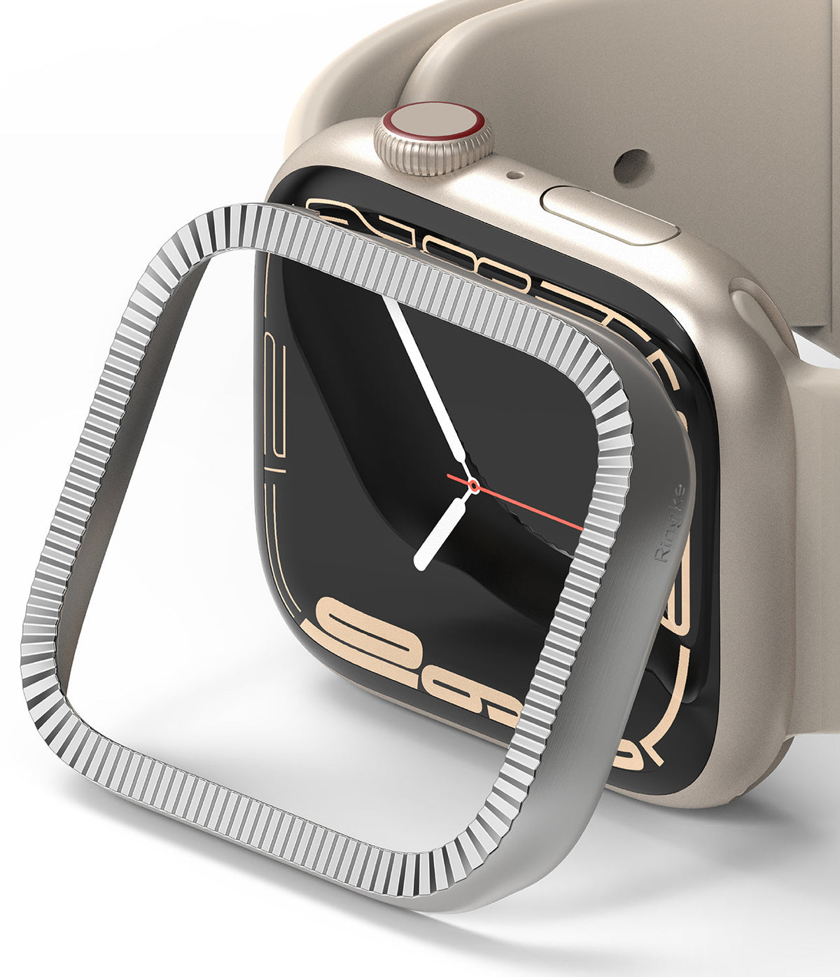 Apple Watch 9 / 8 / 7 (45mm) | Premium Bezel Styling Matte Curve - Silver fluted bezel accessory hovering over watch.