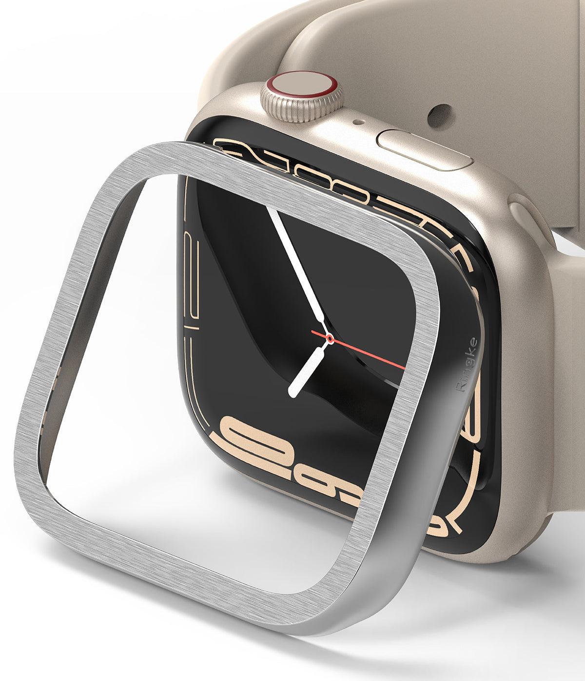 Apple Watch 9 / 8 / 7 (45mm) | Premium Bezel Styling Hairline - Brushed silver metal bezel hovering over a gold Apple Watch.