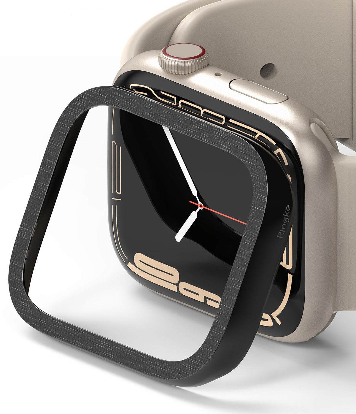 Apple Watch 9 / 8 / 7 (45mm) | Premium Bezel Styling Hairline - Black brushed metal bezel cover hovering over watch.