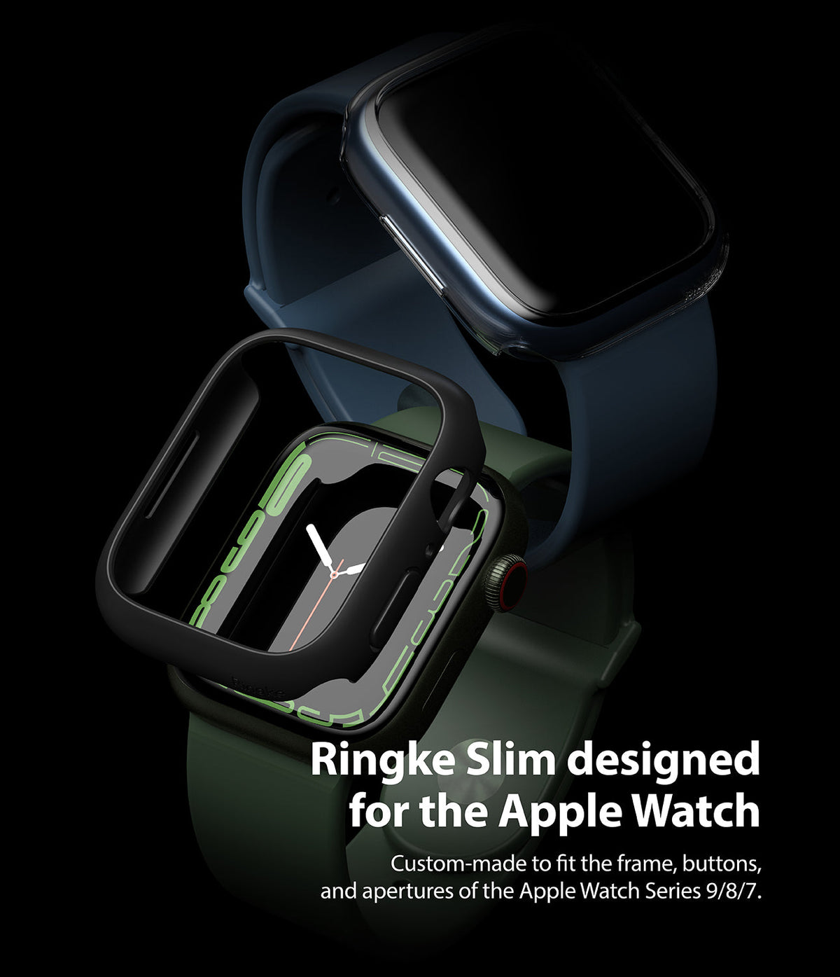 Apple Watch 9 / 8 / 7 (41mm) | Slim - Two Apple Watches with slim protective cases floating against a black background.