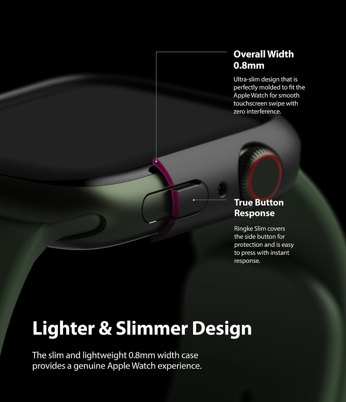 Apple Watch 9 / 8 / 7 (41mm) | Slim - Close-up of a 0.8mm slim black protective case on a green Apple Watch with button details.