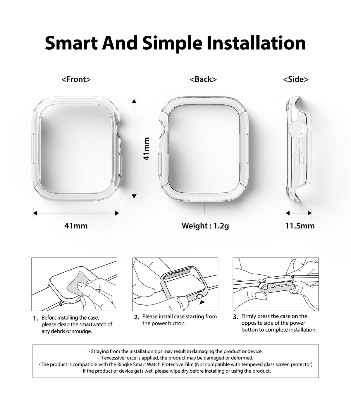 Apple Watch 9 / 8 / 7 (41mm) | Slim - Technical diagrams and three-step installation guide for a clear 41mm Apple Watch case.