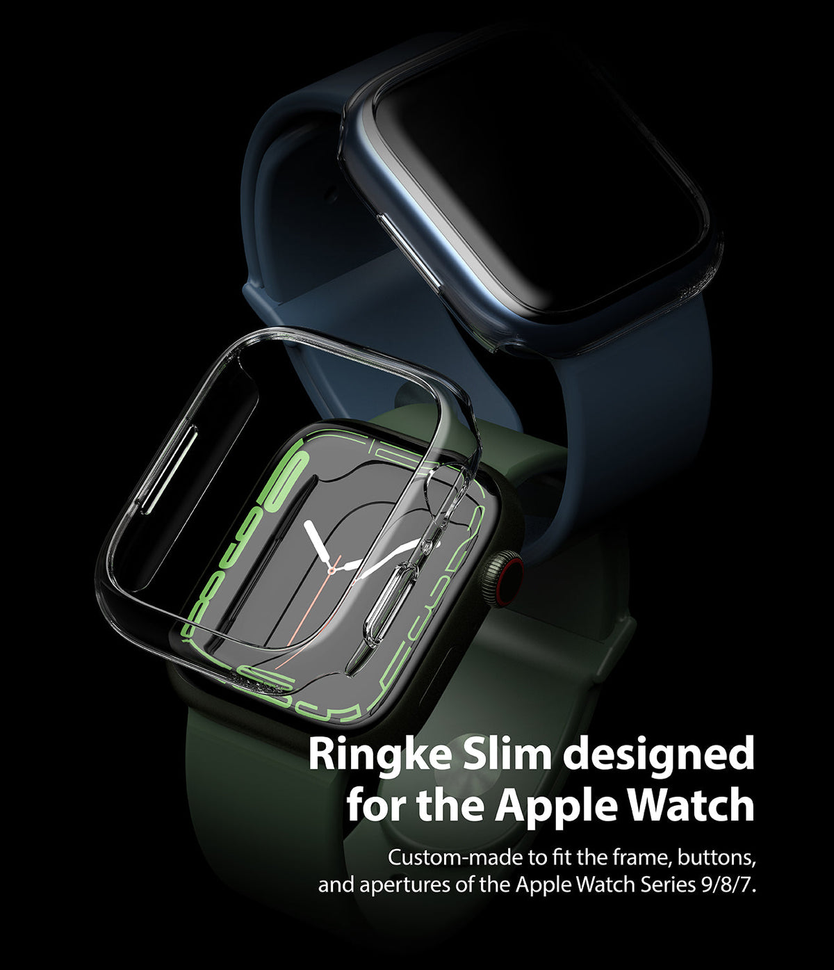 Apple Watch 9 / 8 / 7 (41mm) | Slim - Clear protective case hovering over an Apple Watch with a green sport band.
