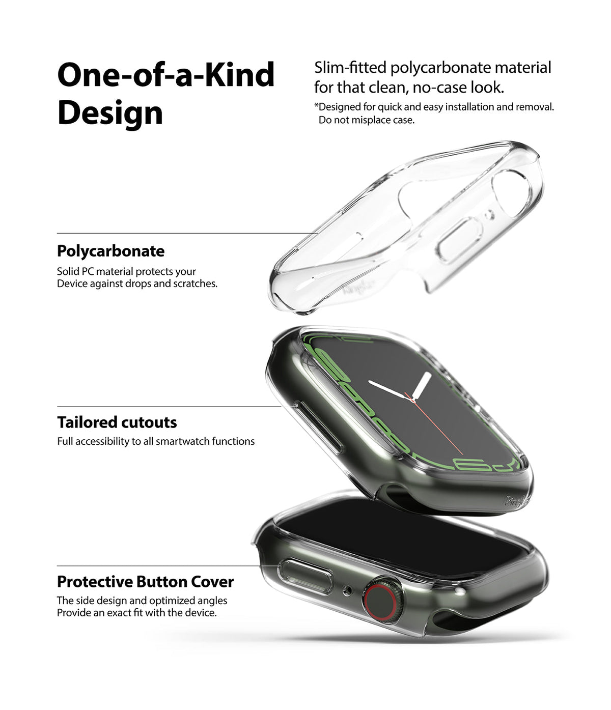 Apple Watch 9 / 8 / 7 (41mm) | Slim - Exploded view of a clear protective watch case showing polycarbonate material and fit.