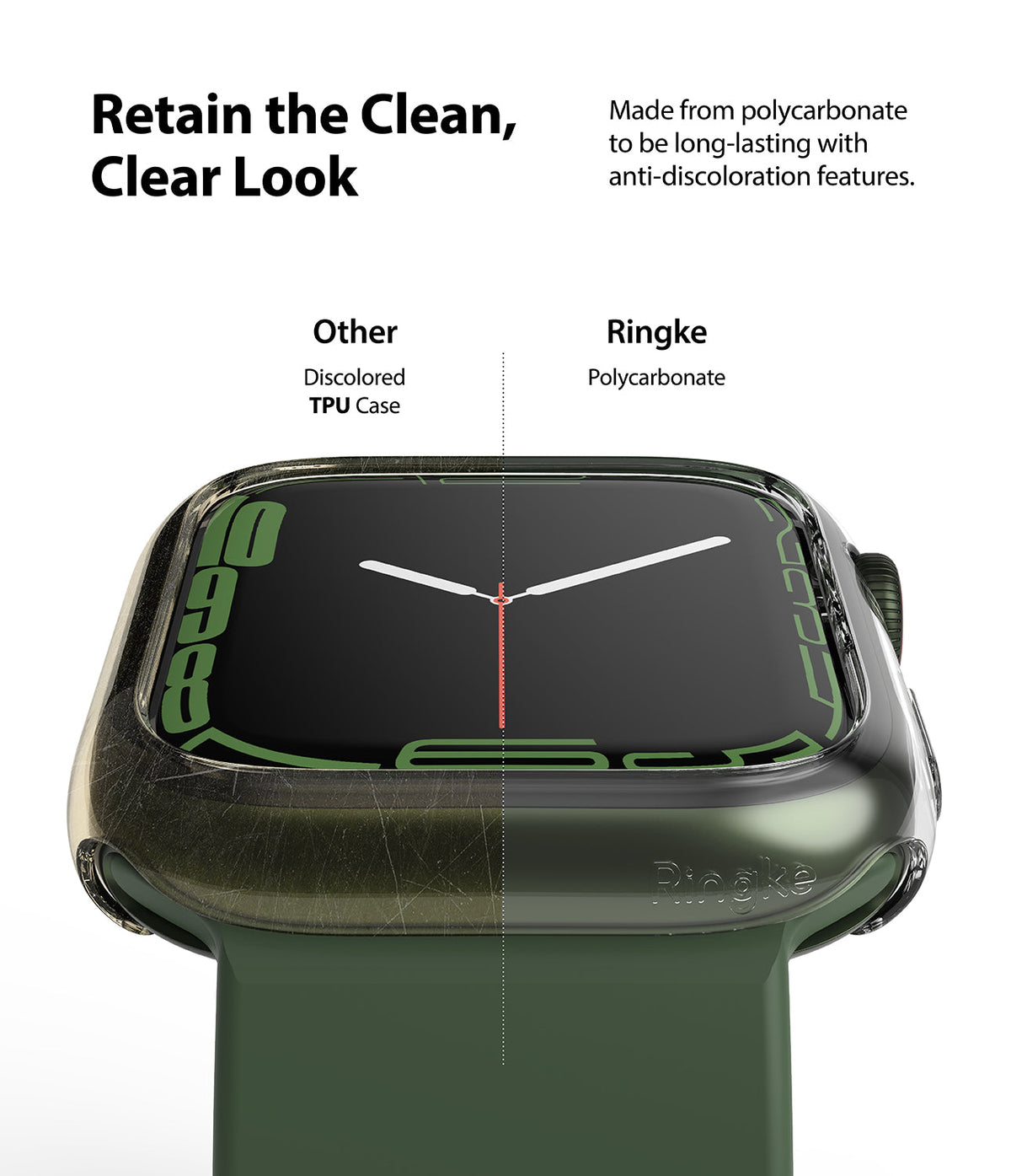 Apple Watch 9 / 8 / 7 (41mm) | Slim - Comparison of a yellowed TPU case versus a clear, scratch-resistant Ringke case.
