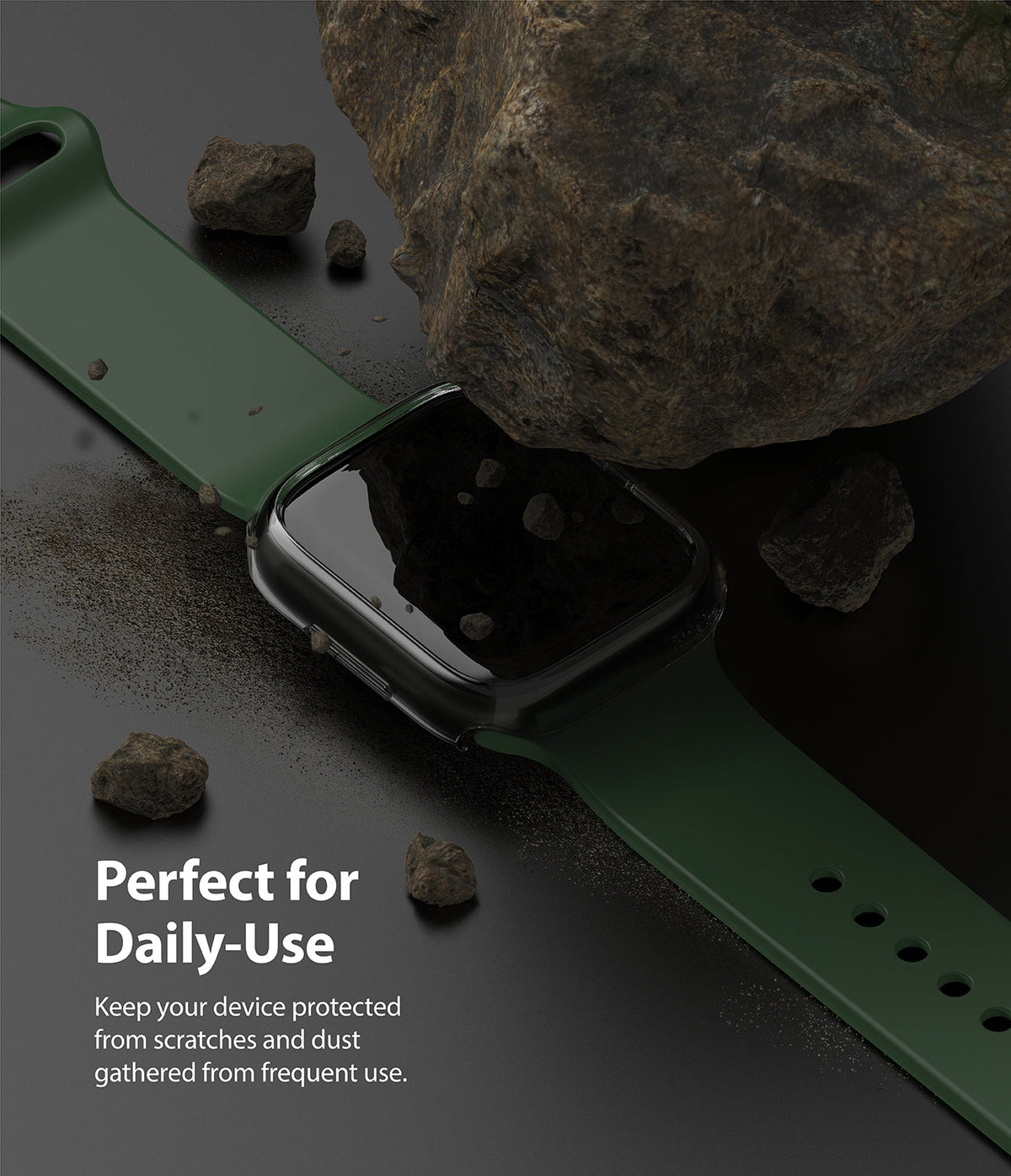 Apple Watch 9 / 8 / 7 (41mm) | Slim - Green Apple Watch with clear protective case resting under a large rock.