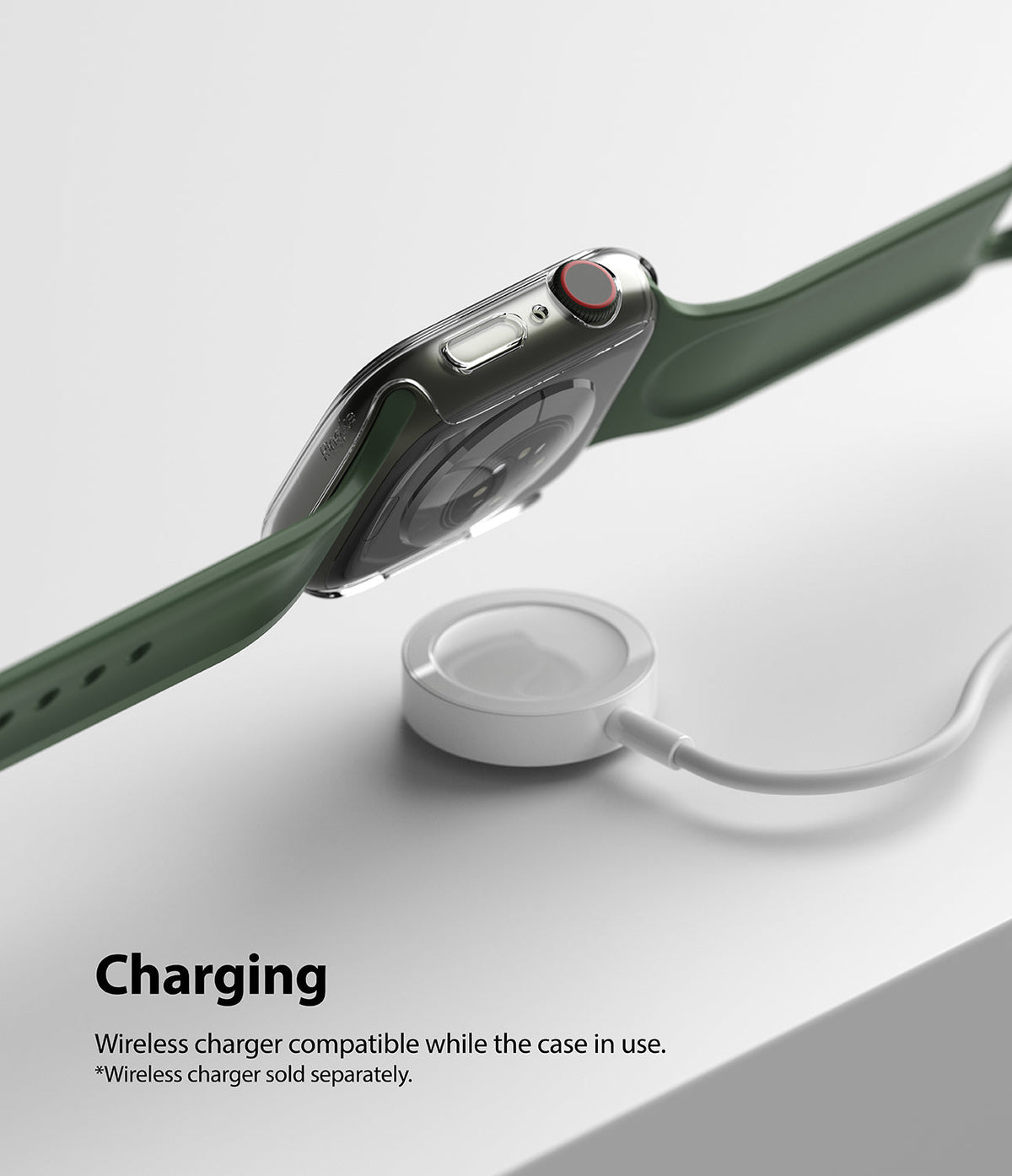Apple Watch 9 / 8 / 7 (41mm) | Slim - Apple Watch with clear protective case hovering over a wireless charging puck.