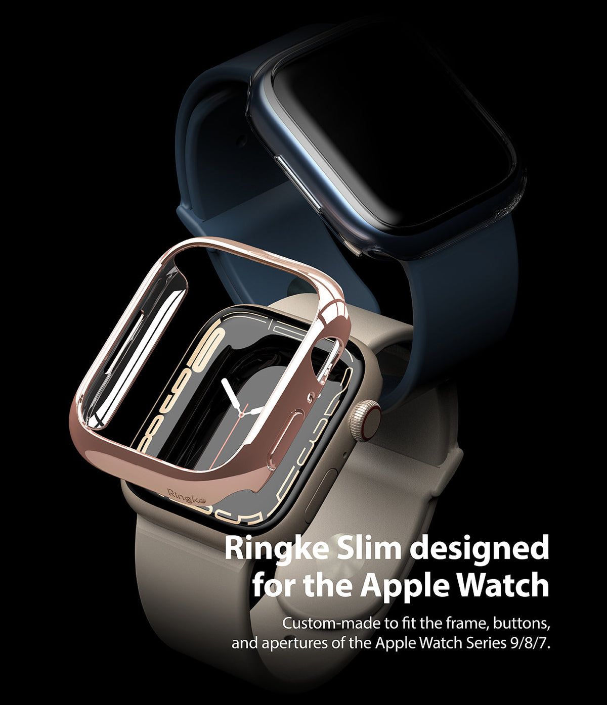 Apple Watch 9 / 8 / 7 (41mm) | Slim - Rose gold protective watch case hovering over a beige Apple Watch on black background.