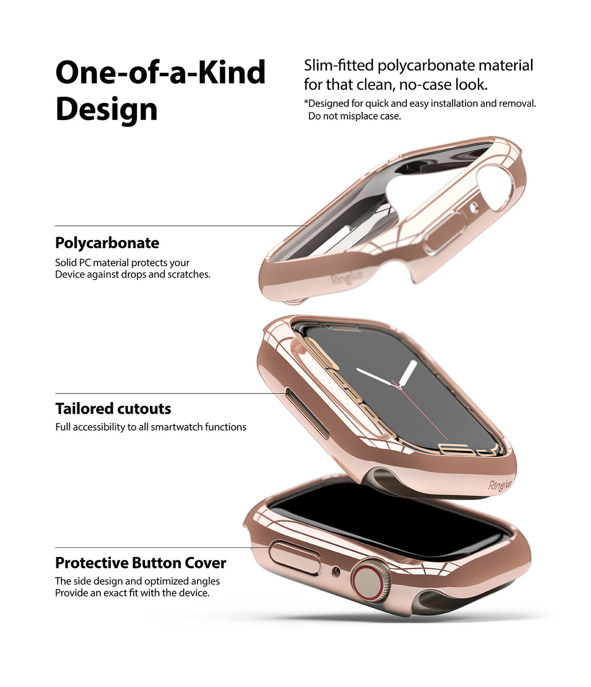 Apple Watch 9 / 8 / 7 (41mm) | Slim - Rose gold slim polycarbonate protective case shown in exploded view on Apple Watch.