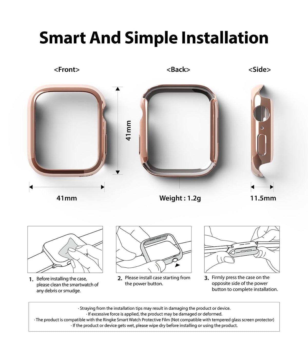 Apple Watch 9 / 8 / 7 (41mm) | Slim - Rose gold watch case dimensions and three-step installation guide.