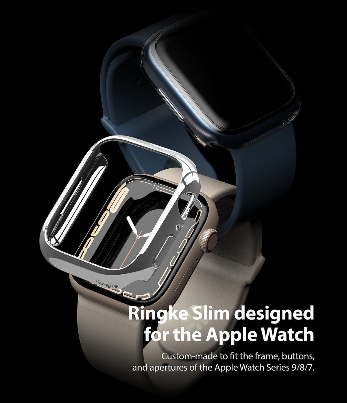 Apple Watch 9 / 8 / 7 (41mm) | Slim - Clear protective case hovering over a beige Apple Watch on a black background.