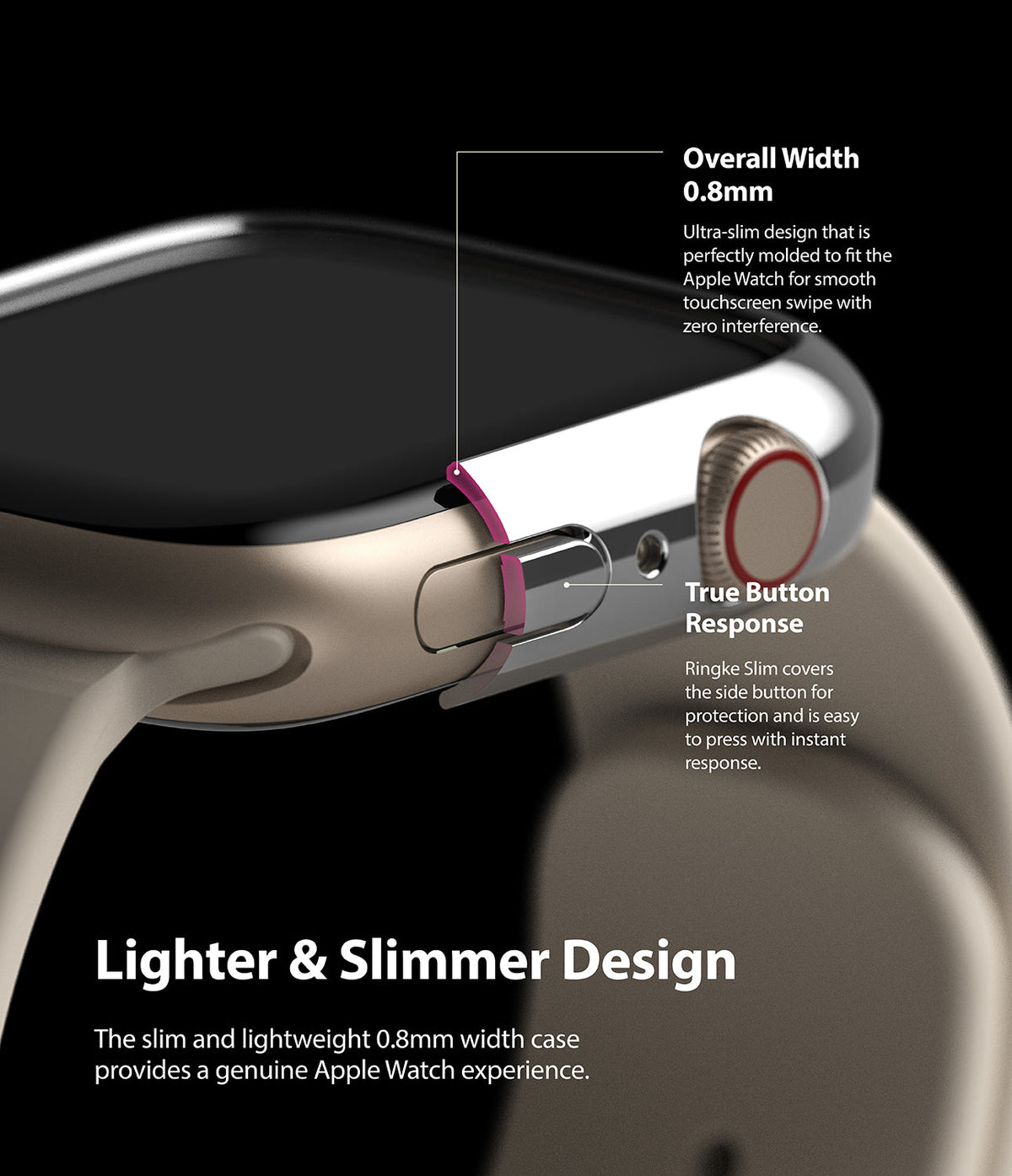 Apple Watch 9 / 8 / 7 (41mm) | Slim - Close-up of a 0.8mm slim Apple Watch case highlighting button response and thin design.