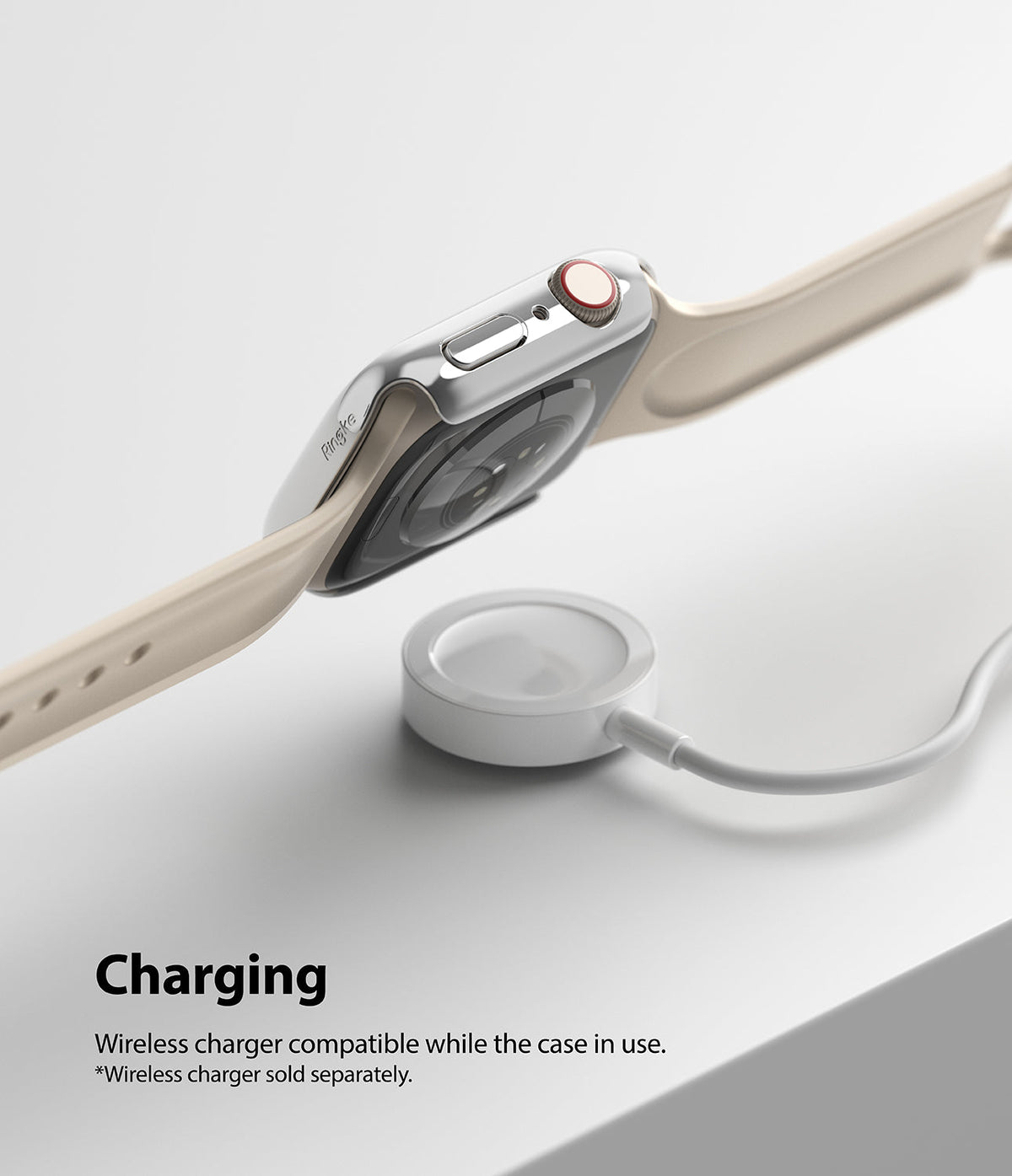 Apple Watch 9 / 8 / 7 (41mm) | Slim - Apple Watch with a clear protective case hovering above a wireless charging puck.