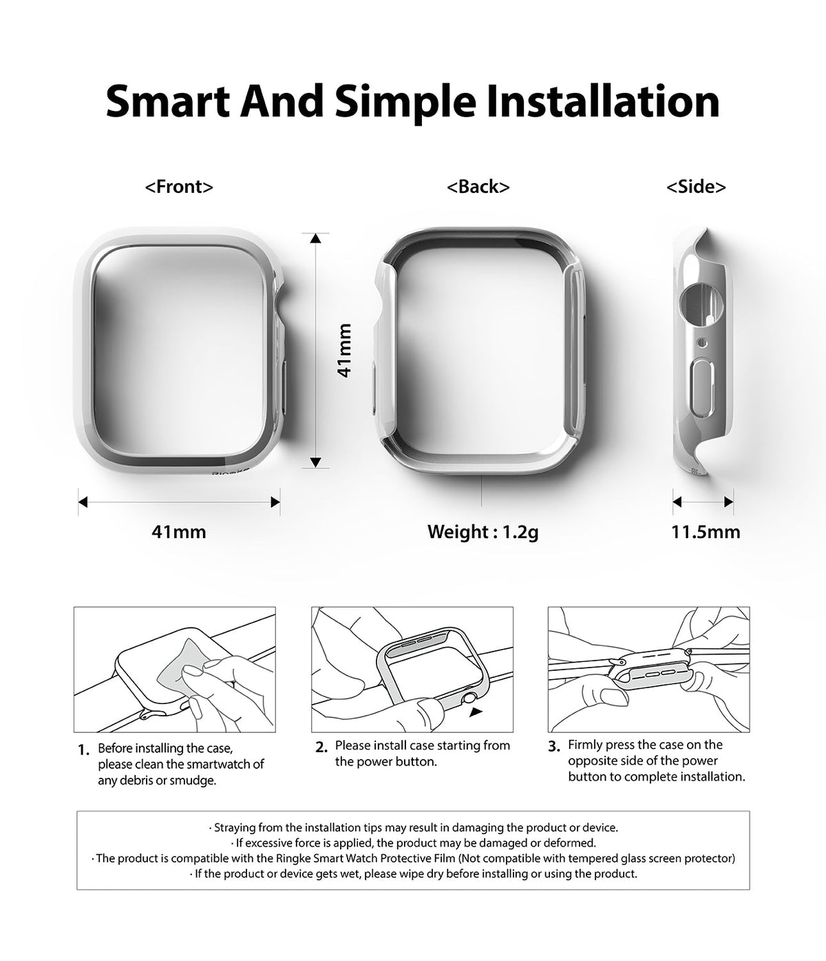 Apple Watch 9 / 8 / 7 (41mm) | Slim - Technical diagrams showing dimensions and three-step installation guide for a watch case.
