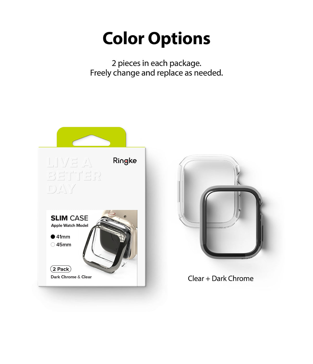 Apple Watch 9 / 8 / 7 (41mm) | Slim - Ringke 2-pack slim cases in clear and dark chrome for 41mm Apple Watch.
