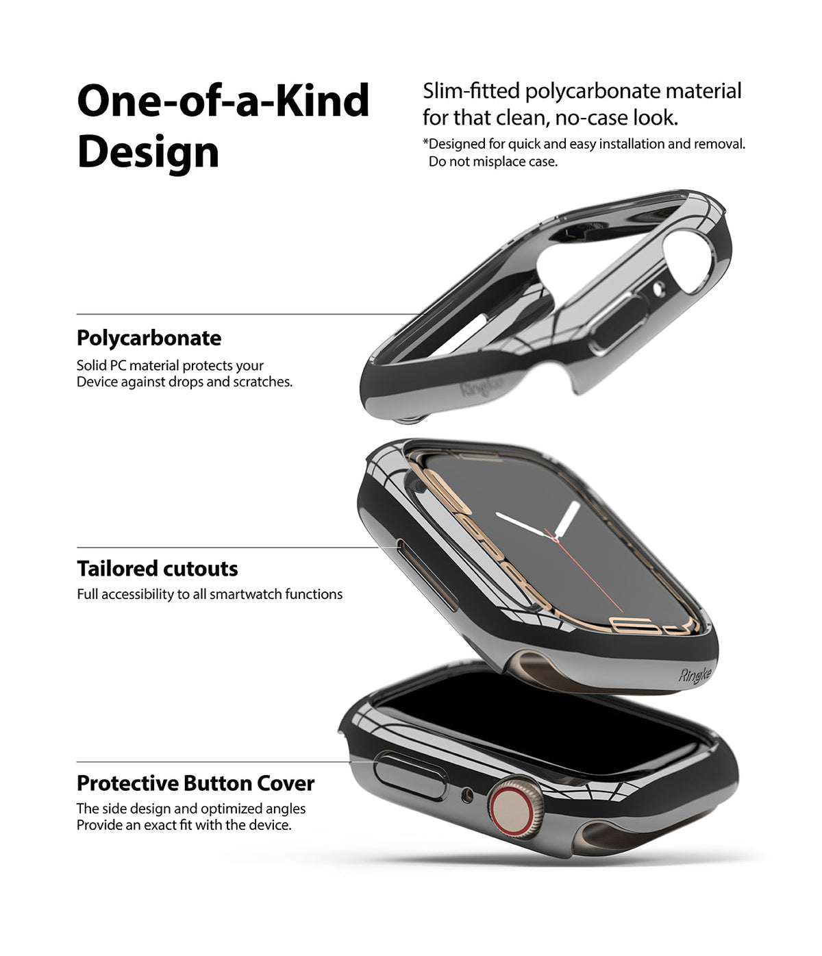 Apple Watch 9 / 8 / 7 (41mm) | Slim - Exploded view of a slim polycarbonate Apple Watch case showing cutouts and button covers.