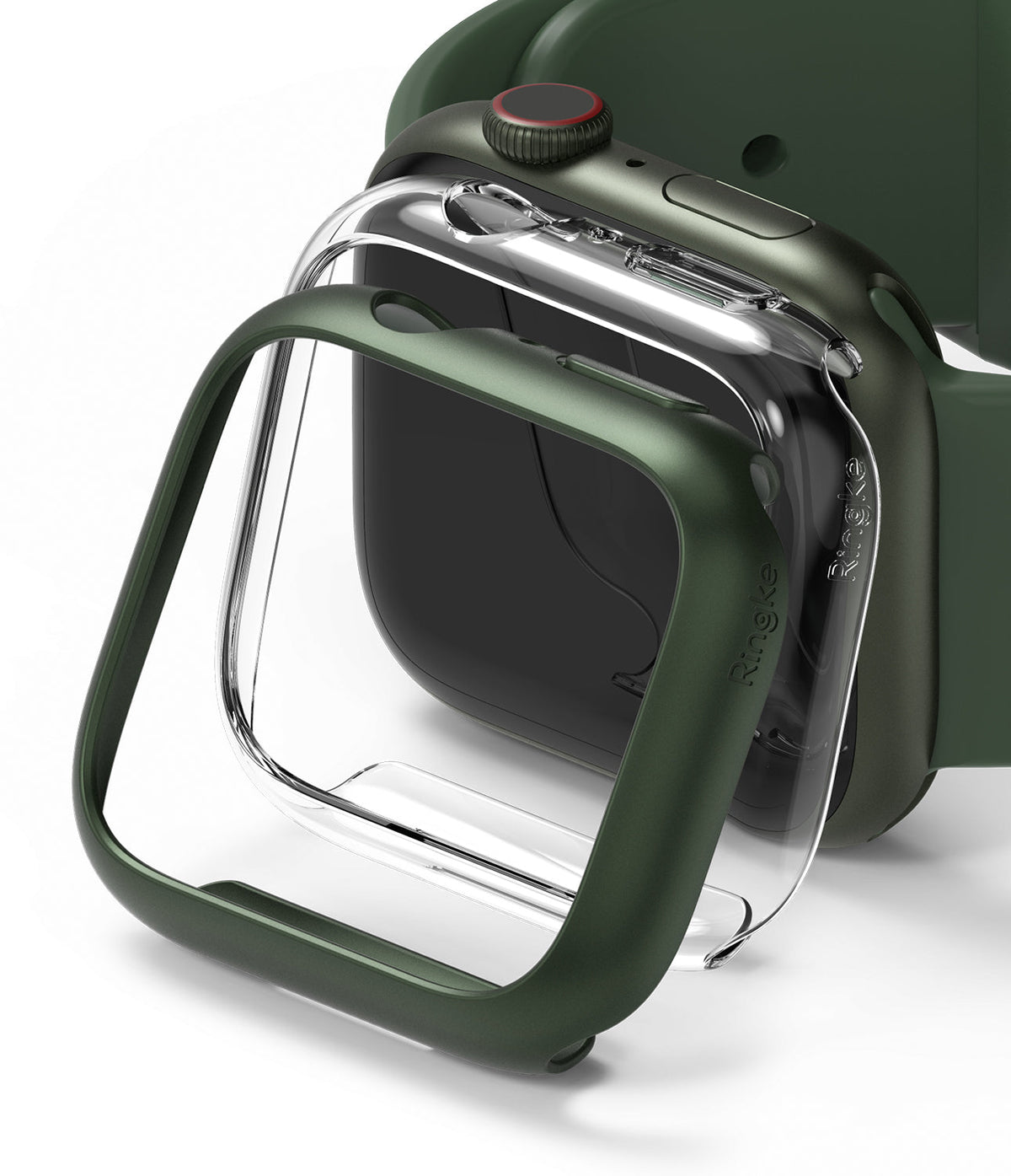 Apple Watch 9 / 8 / 7 (41mm) | Slim - A green slim protective case hovering over a matching green Apple Watch.