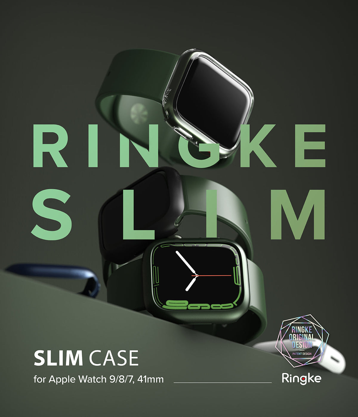 Apple Watch 9 / 8 / 7 (41mm) | Slim - Two Apple Watches with slim protective cases stacked against a dark background.