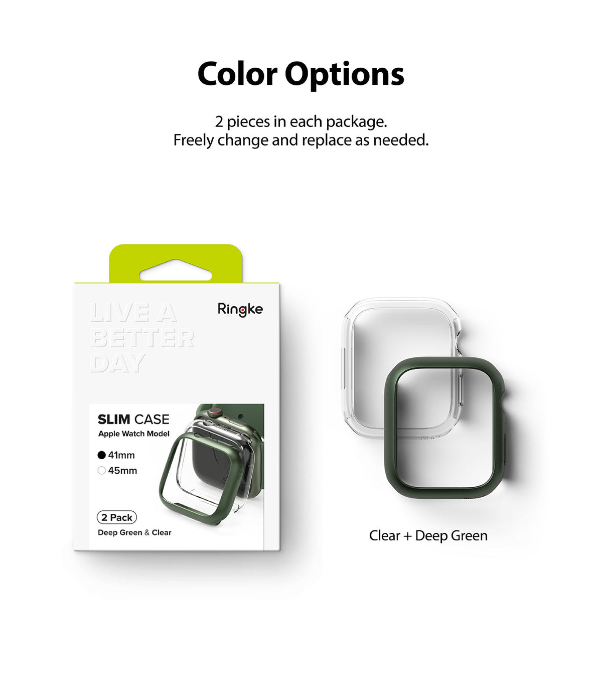 Apple Watch 9 / 8 / 7 (41mm) | Slim - Retail packaging and two protective watch cases in clear and deep green.