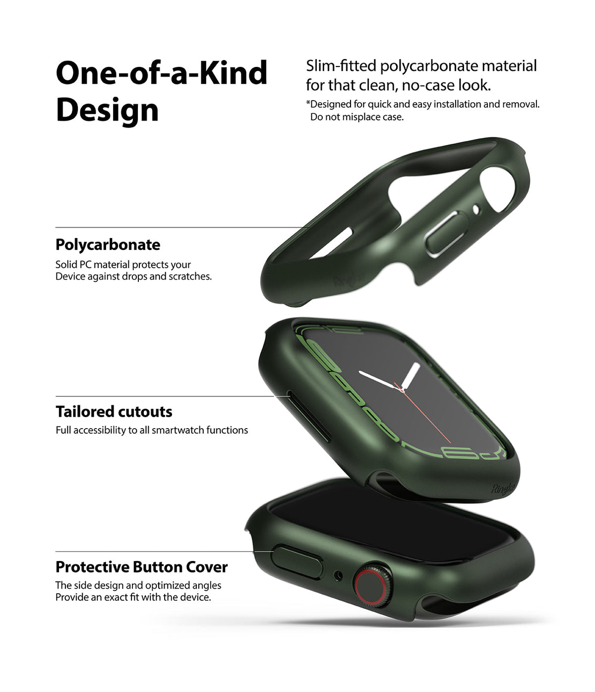 Apple Watch 9 / 8 / 7 (41mm) | Slim - Exploded view of a dark green slim polycarbonate watch case and Apple Watch.