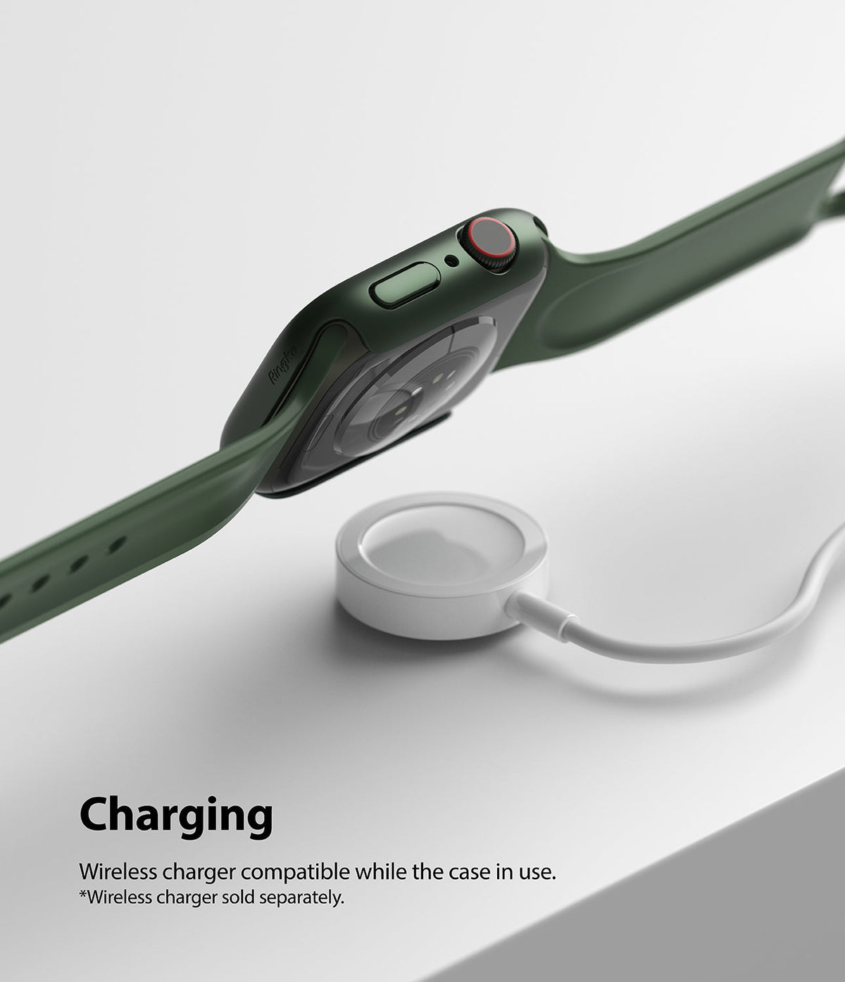 Apple Watch 9 / 8 / 7 (41mm) | Slim - Green Apple Watch with slim case hovering above a white wireless charger.