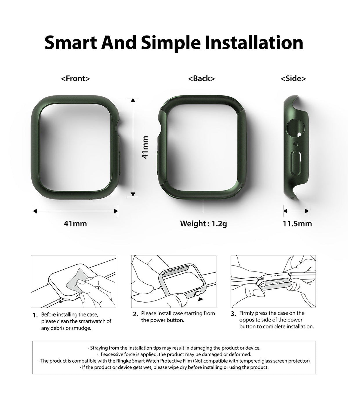 Apple Watch 9 / 8 / 7 (41mm) | Slim - Dimensions and three-step installation guide for a slim dark green watch case.