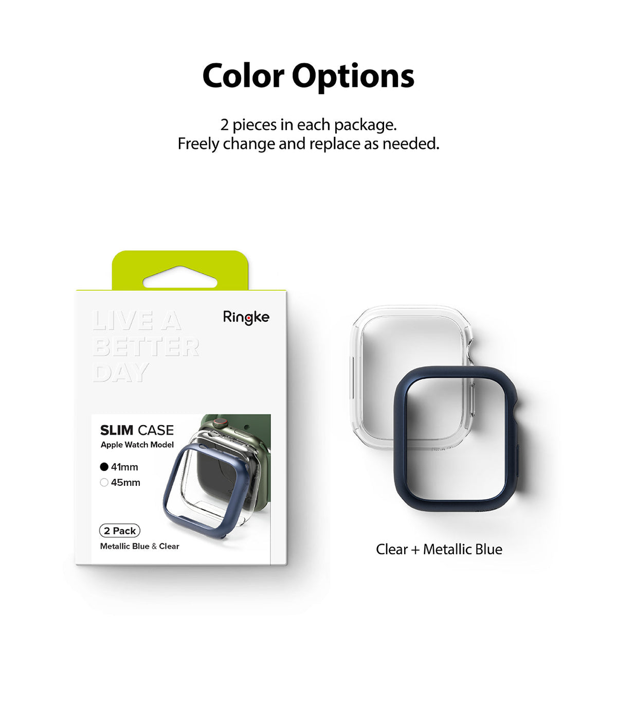 Apple Watch 9 / 8 / 7 (41mm) | Slim - Ringke slim case packaging with one clear and one metallic blue watch cover.