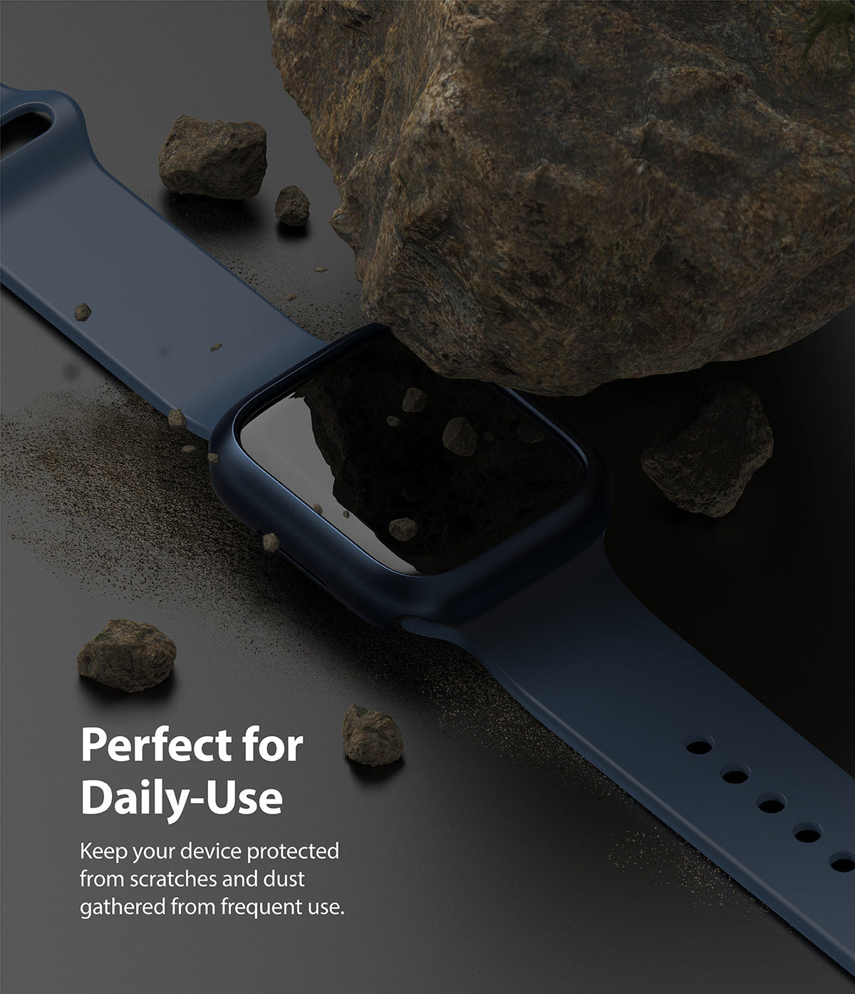 Apple Watch 9 / 8 / 7 (41mm) | Slim - Navy blue watch case on a dark surface surrounded by rocks and dust particles.