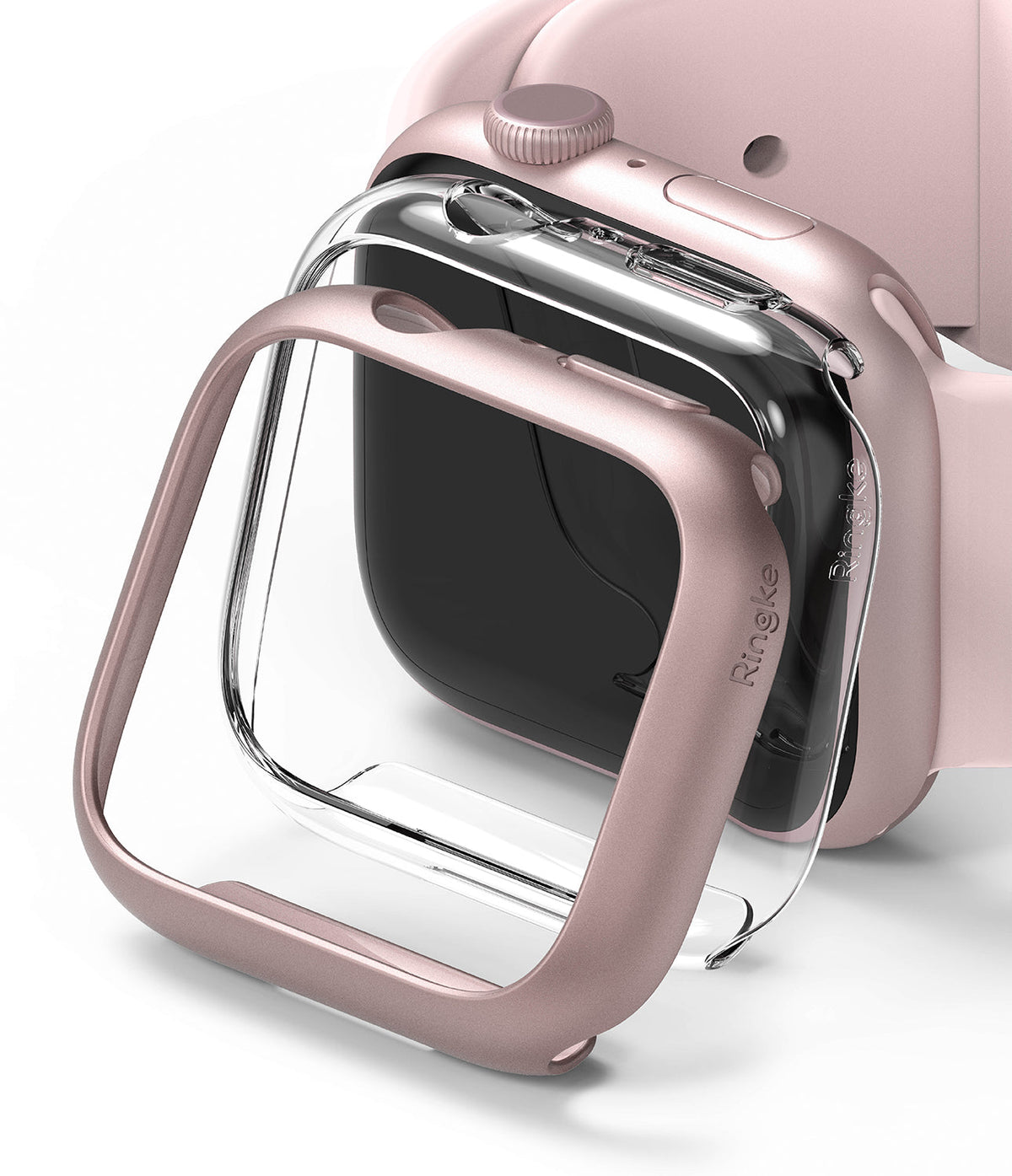 Apple Watch 9 / 8 / 7 (41mm) | Slim - A rose gold slim protective case hovering over a matching pink Apple Watch.