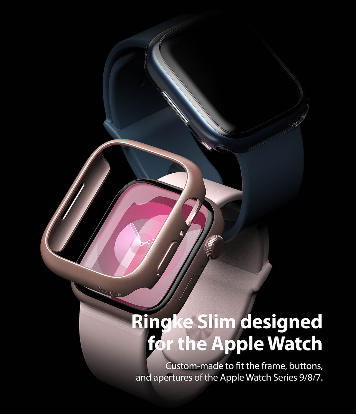 Apple Watch 9 / 8 / 7 (41mm) | Slim - A rose gold protective case hovering over a pink Apple Watch against a black background.