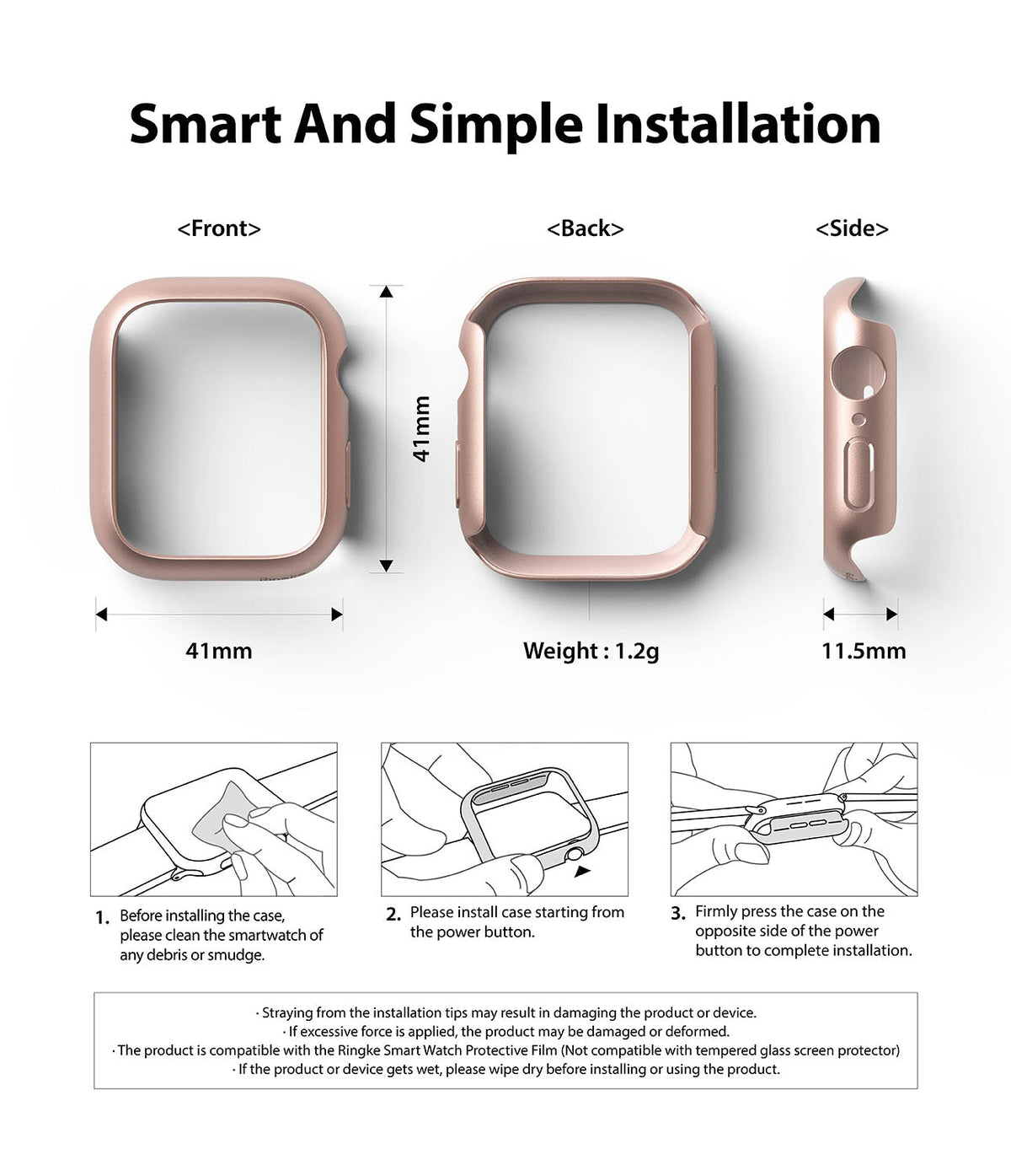 Apple Watch 9 / 8 / 7 (41mm) | Slim - Rose gold watch case dimensions and three-step installation guide illustrations.