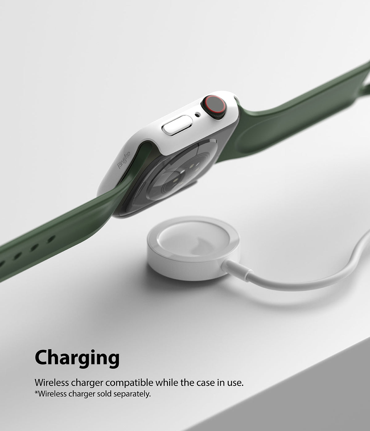 Apple Watch 9 / 8 / 7 (41mm) | Slim - Apple Watch with a white slim case charging wirelessly on a white surface.