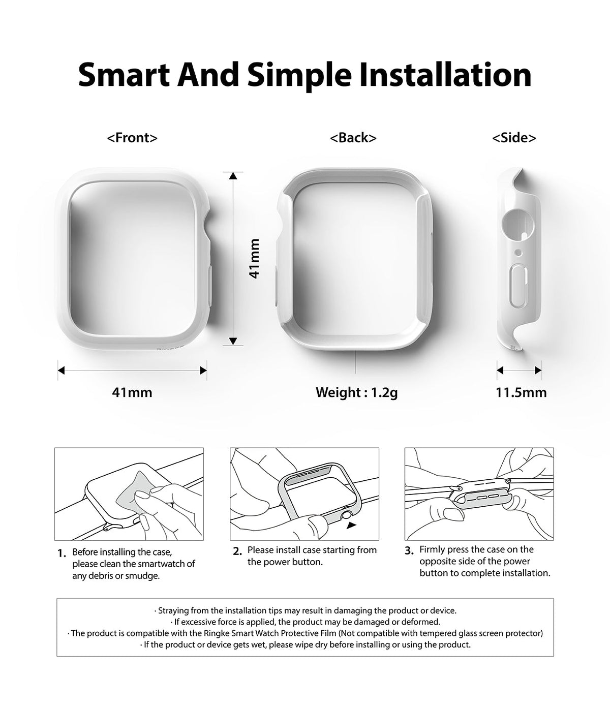 Apple Watch 9 / 8 / 7 (41mm) | Slim - Technical dimensions and three-step installation guide for a white watch case.