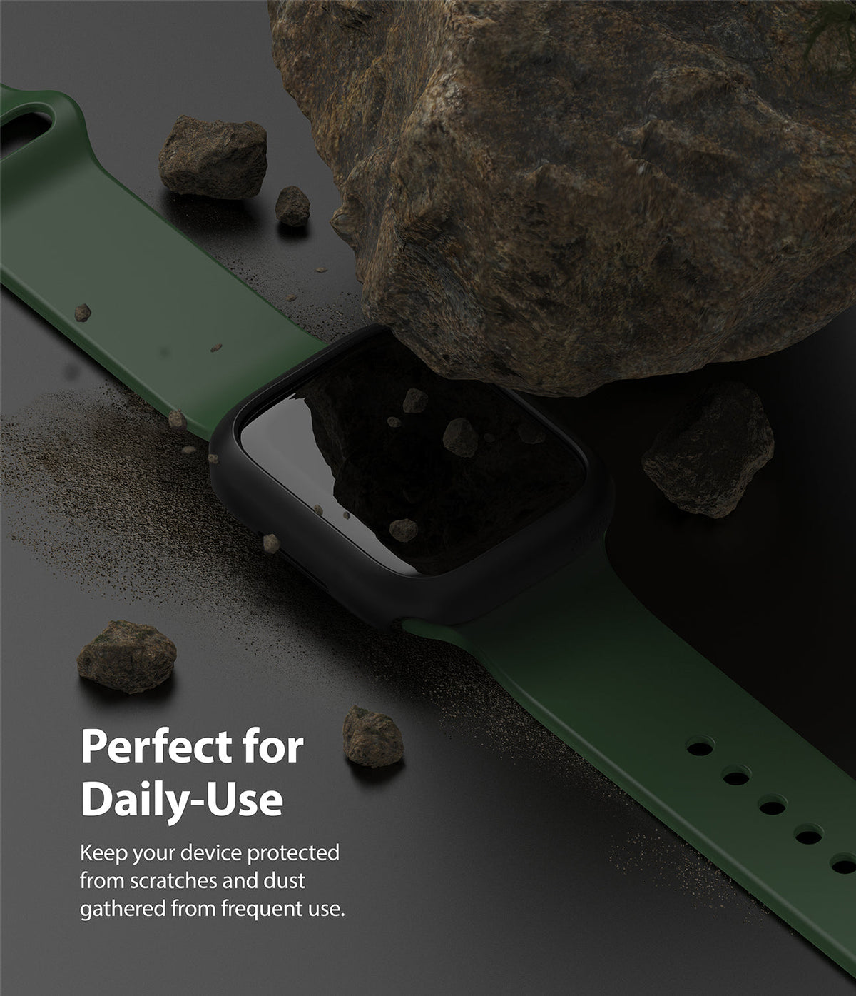 Apple Watch 9 / 8 / 7 (45mm) Case | Slim - Black protective watch case on a green band surrounded by rocks and dust.