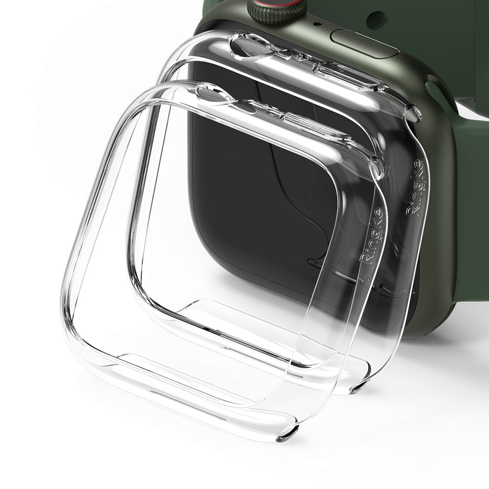 Apple Watch 9 / 8 / 7 (45mm) Case | Slim - Two transparent, slim protective covers positioned in front of an Apple Watch.